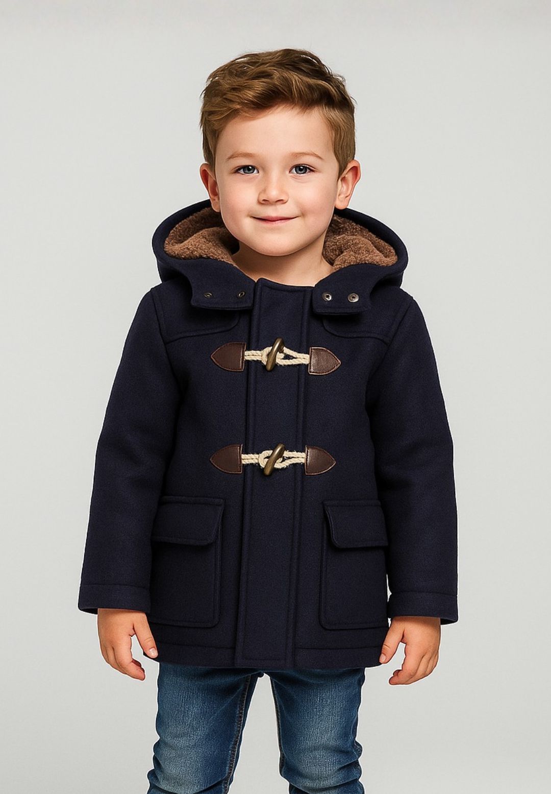 Boys navy duffle coat with toggle closure, front view, featuring two flap pockets and a hood.