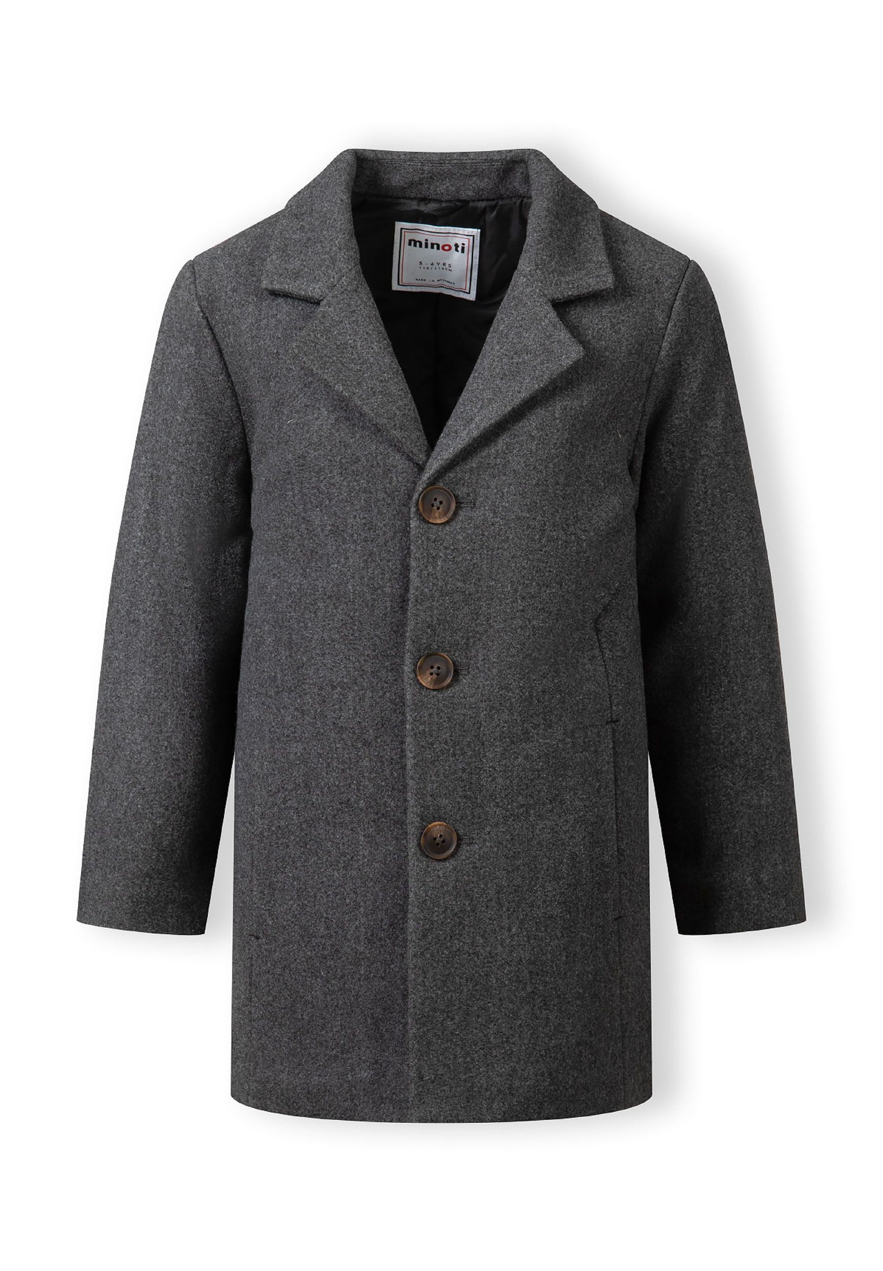 Boys grey smart coat, front view with mock horn buttons and seam pockets.
