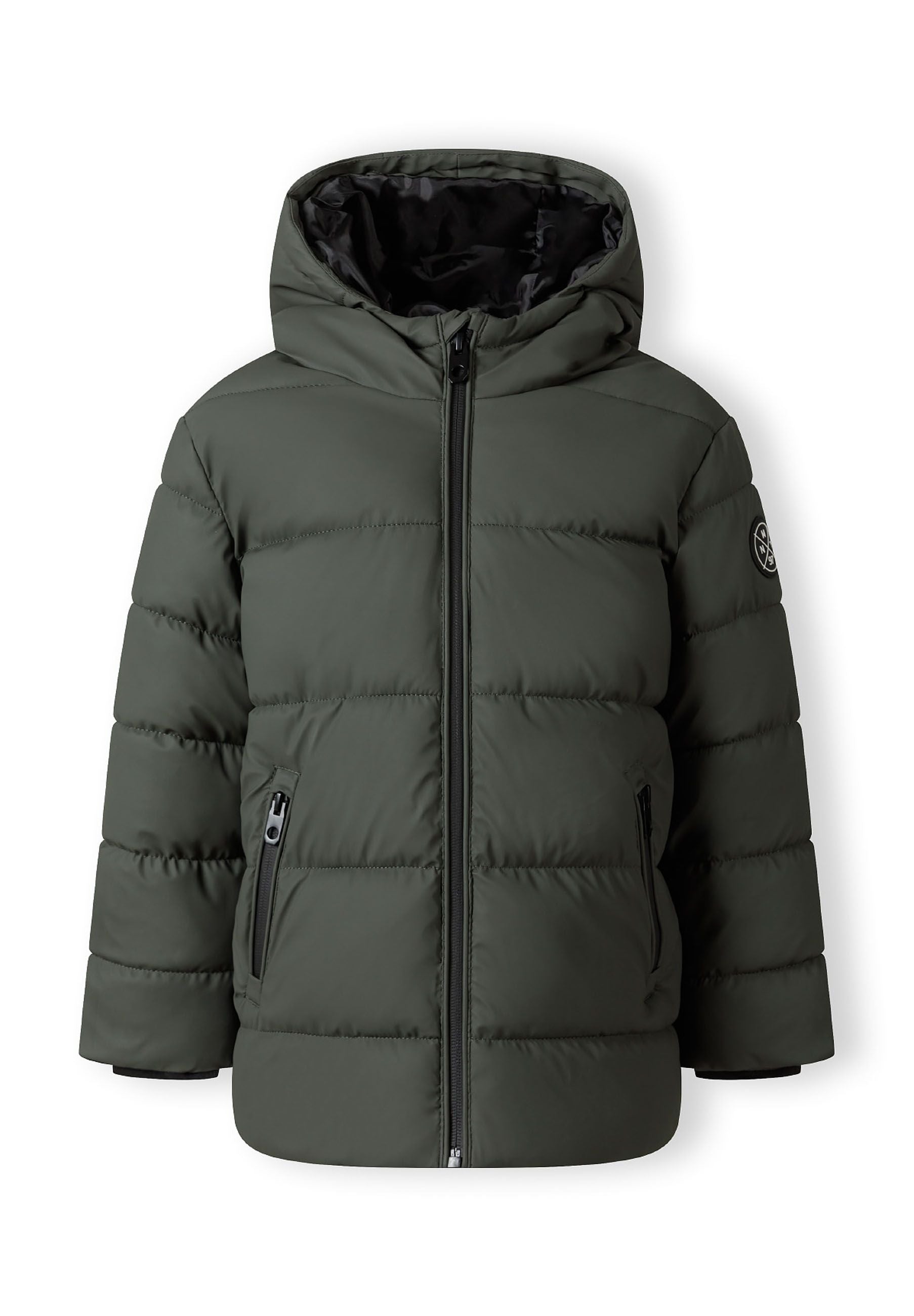 Boys khaki PU jacket with hood, front zip, and two side zip pockets.
