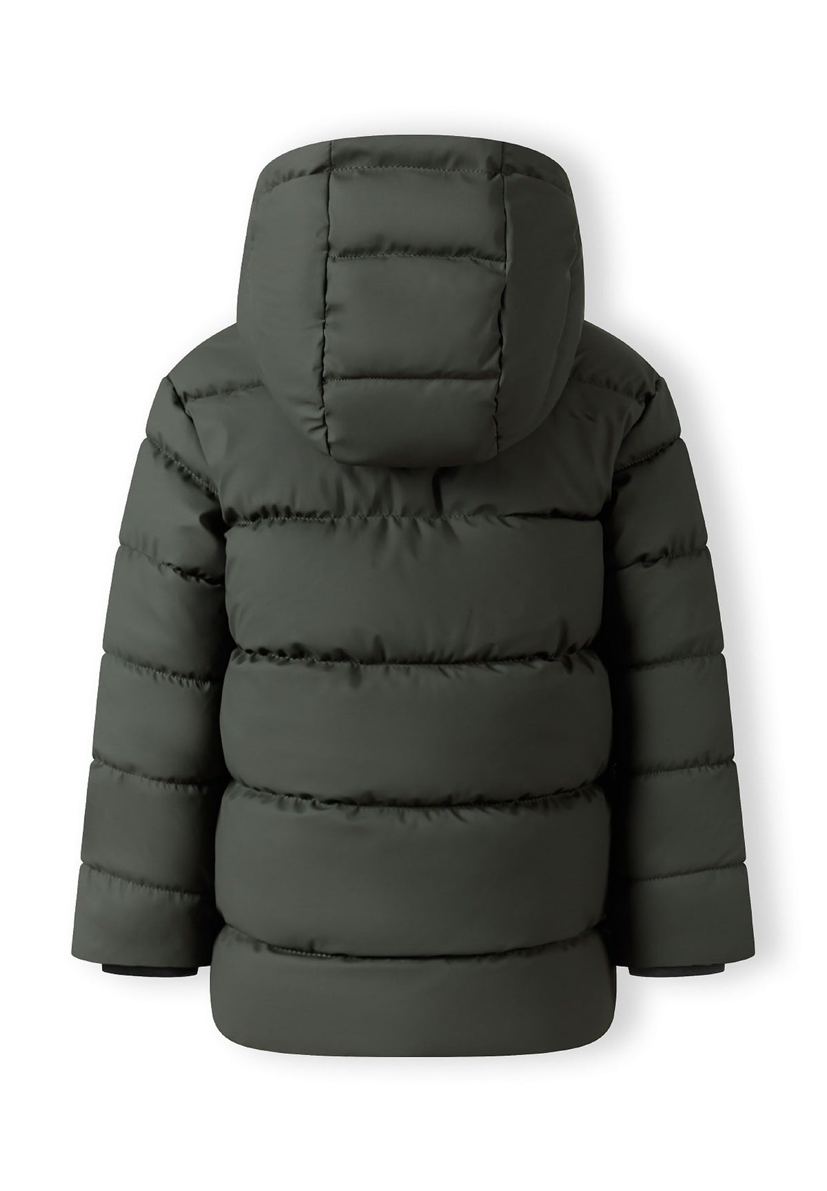 Back of a khaki puffer jacket.