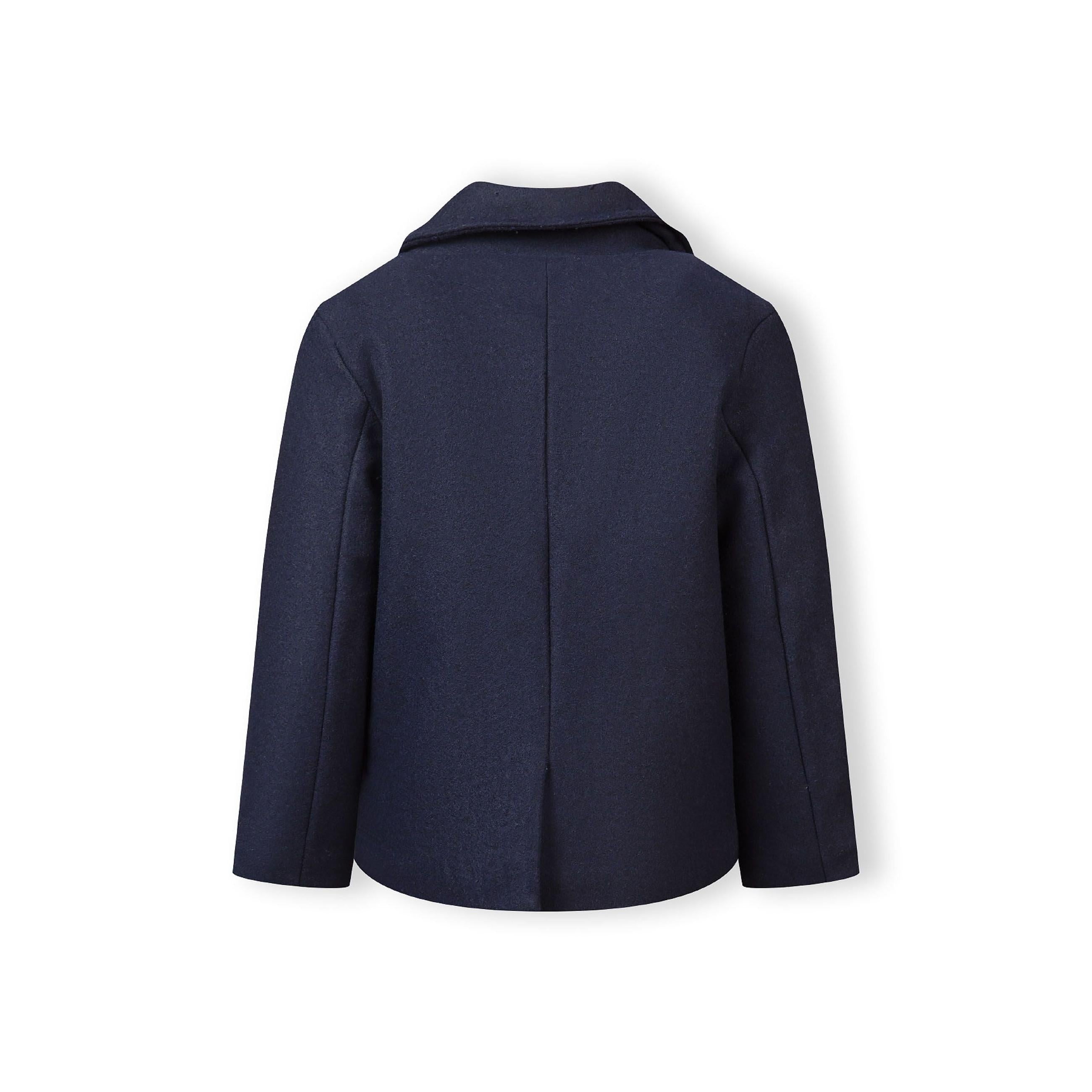 Back view of navy double breasted coat showing lapel collar construction and tailored fit on white background