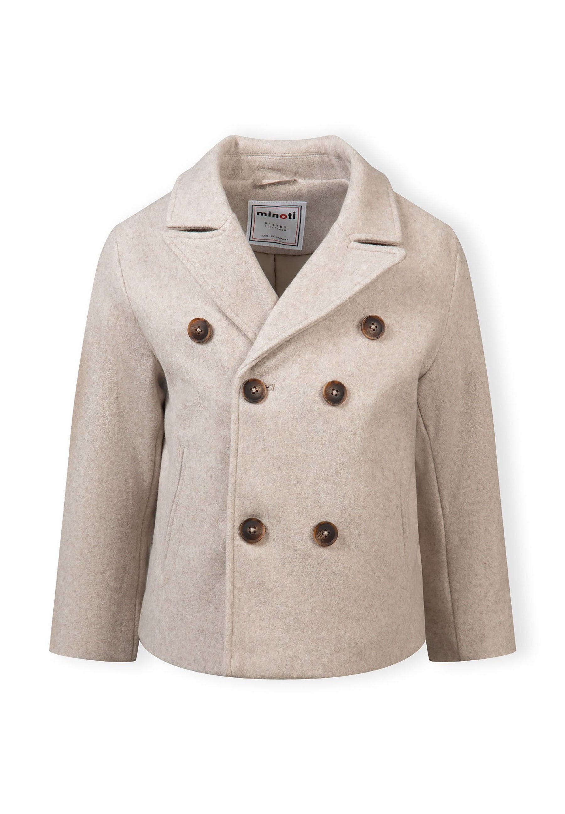 Boys double breasted coat in light grey, front view with tonal buttons and classic lapel.