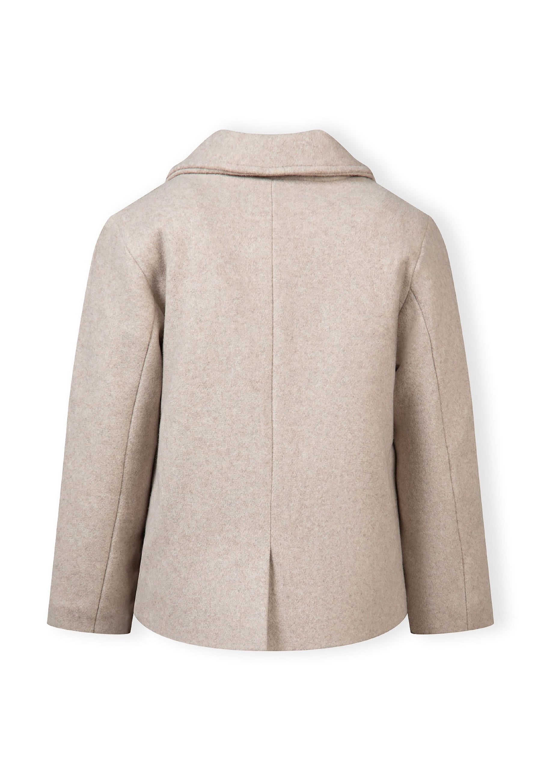 Boys grey double breasted coat, back view with classic lapel and vent.