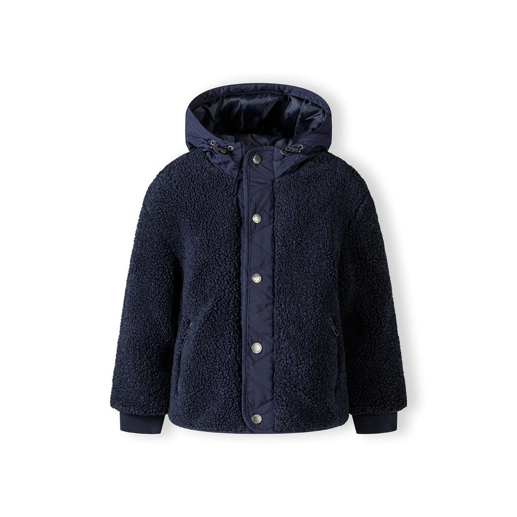 Back view of navy borg jacket showing quilted hood and sherpa fleece texture on white background