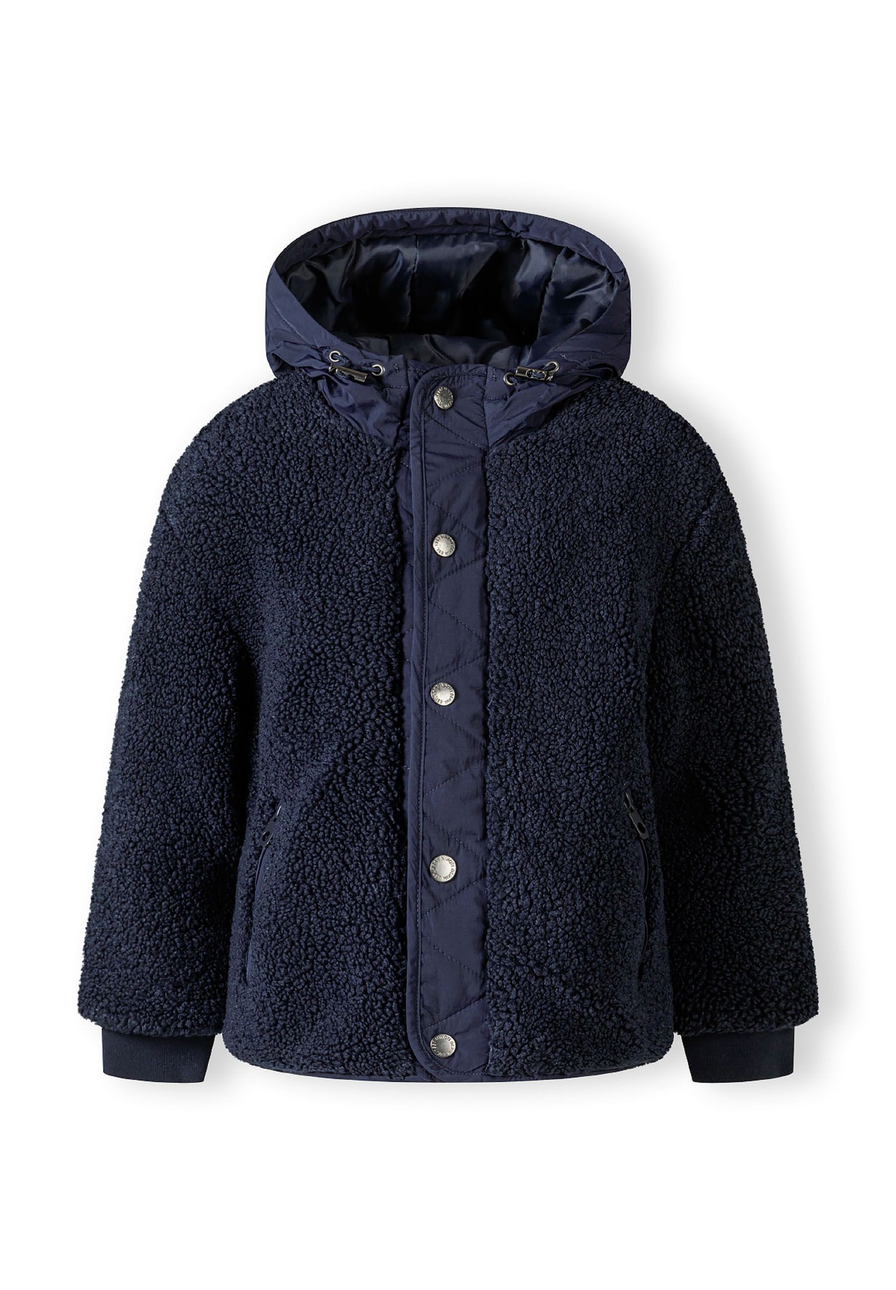 Boys padded borg jacket in navy, front view with fixed hood and triple fastening.