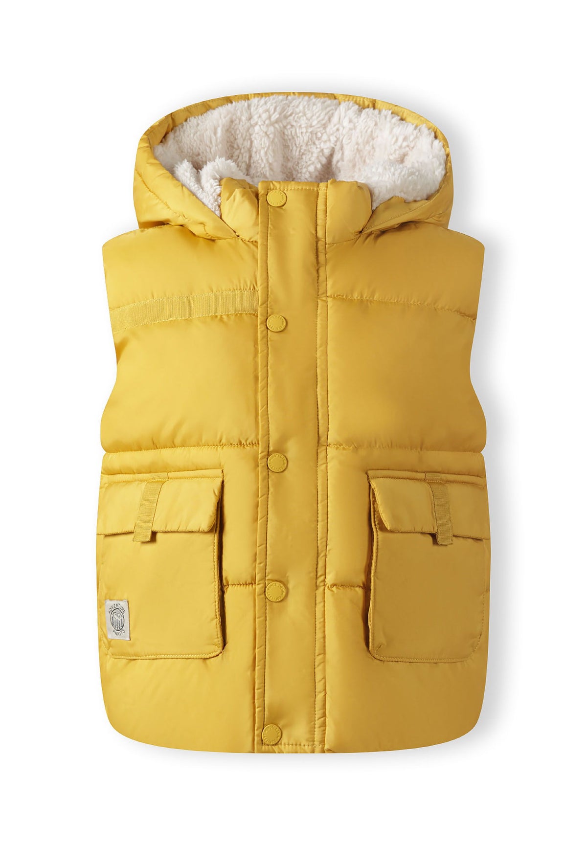 Mustard yellow padded gilet, front.