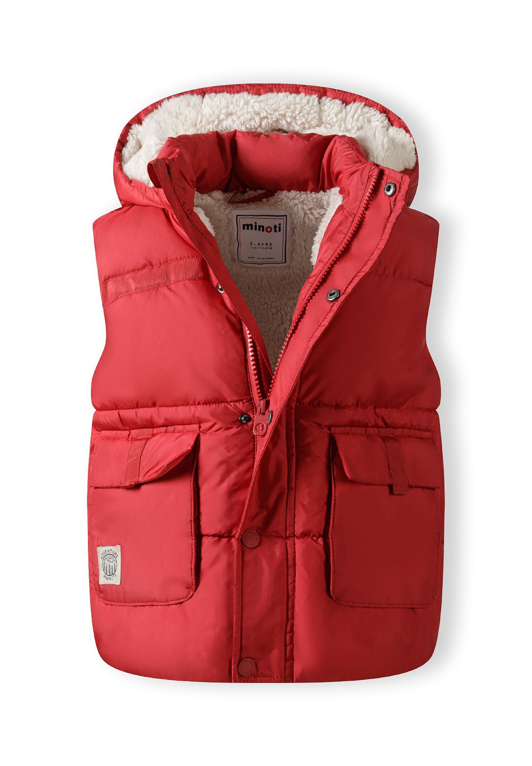 Red boys gilet with hood, front view, featuring two snap-button pockets.