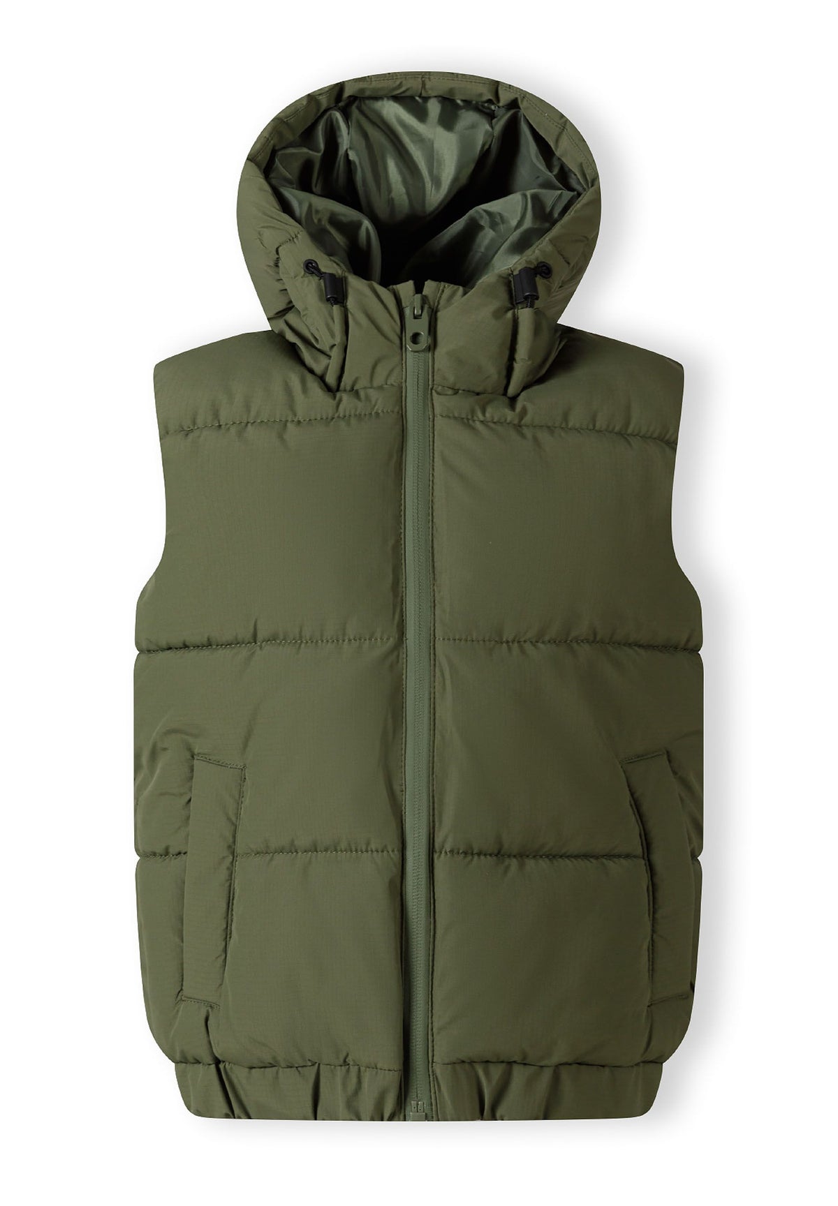 Front of olive green hooded gilet with central zip and two vertical side pockets.