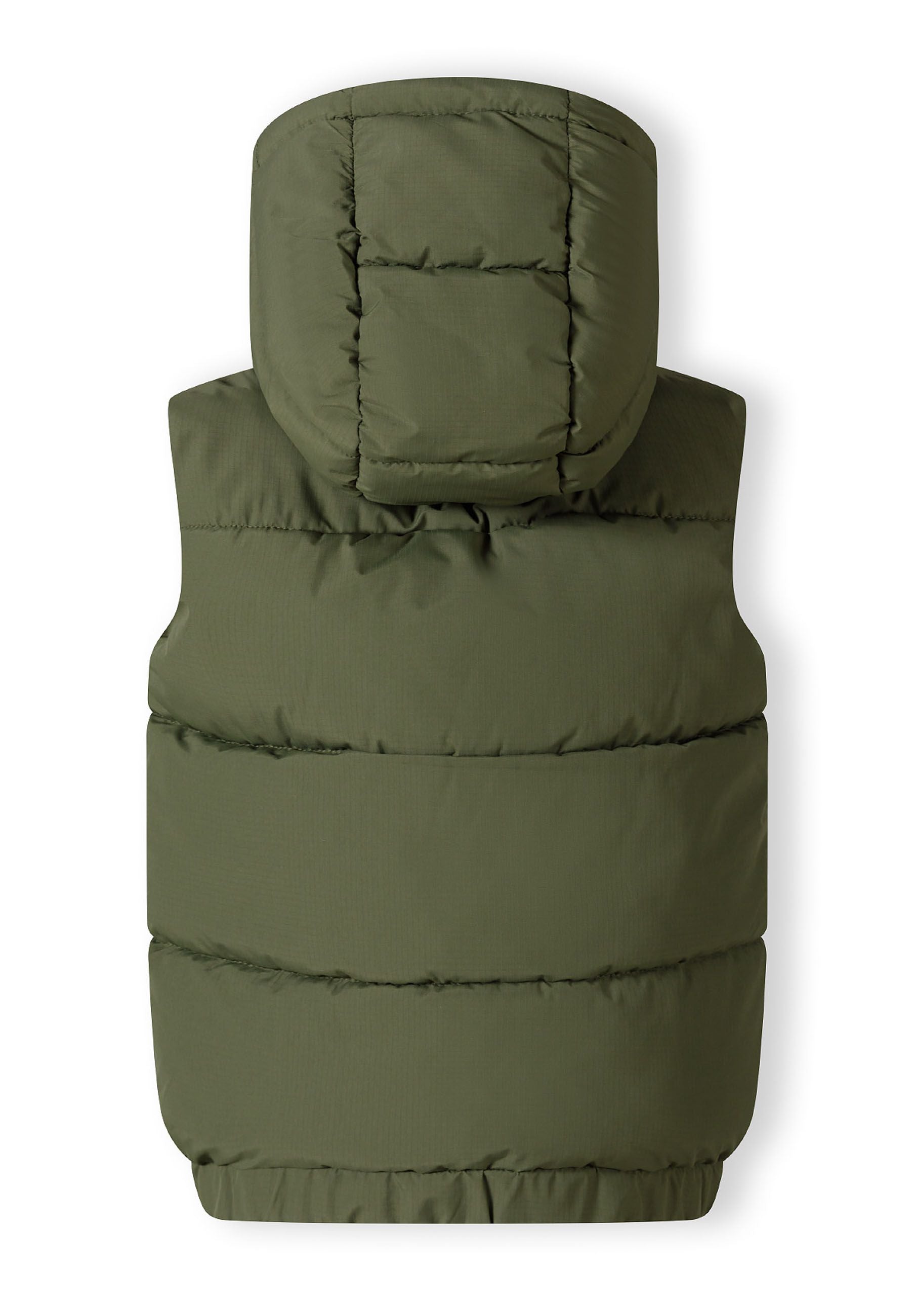 Boys padded gilet in khaki, back view with hood and elasticated hem.