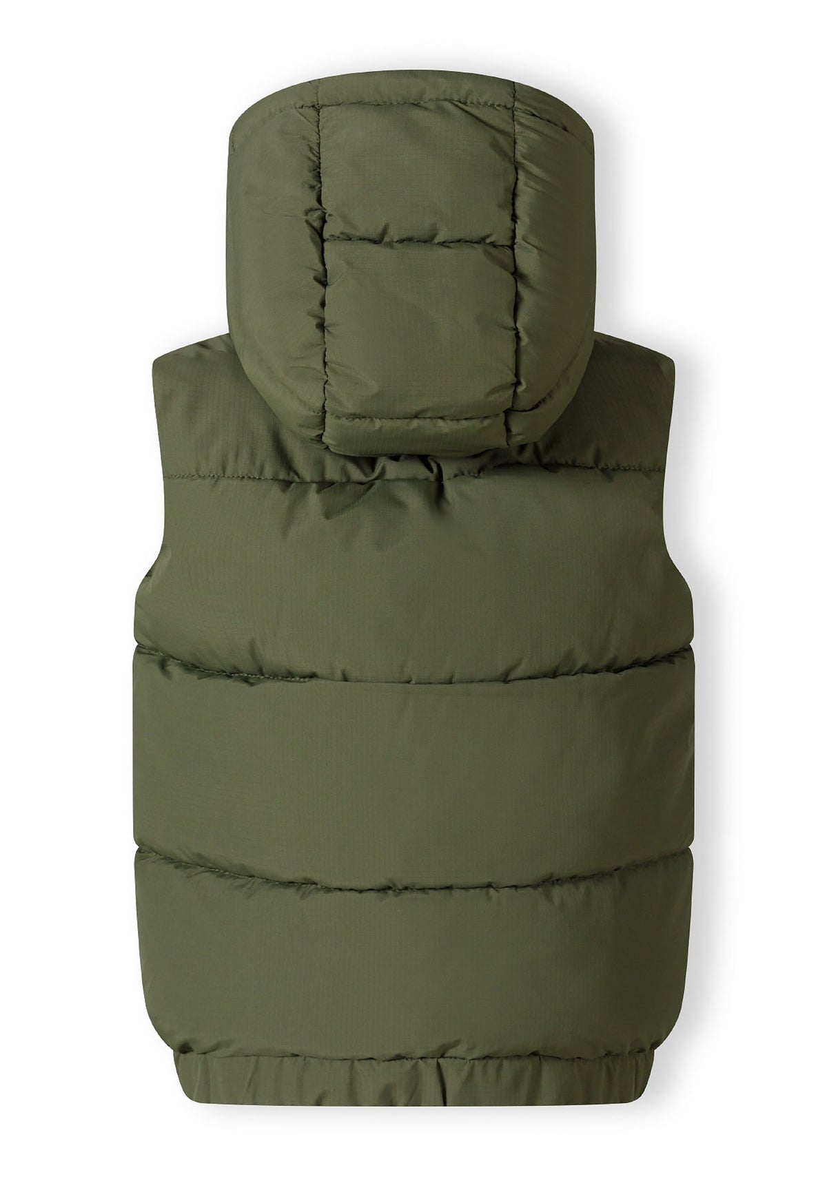 Back of olive green hooded gilet with horizontal quilting and gathered hem.
