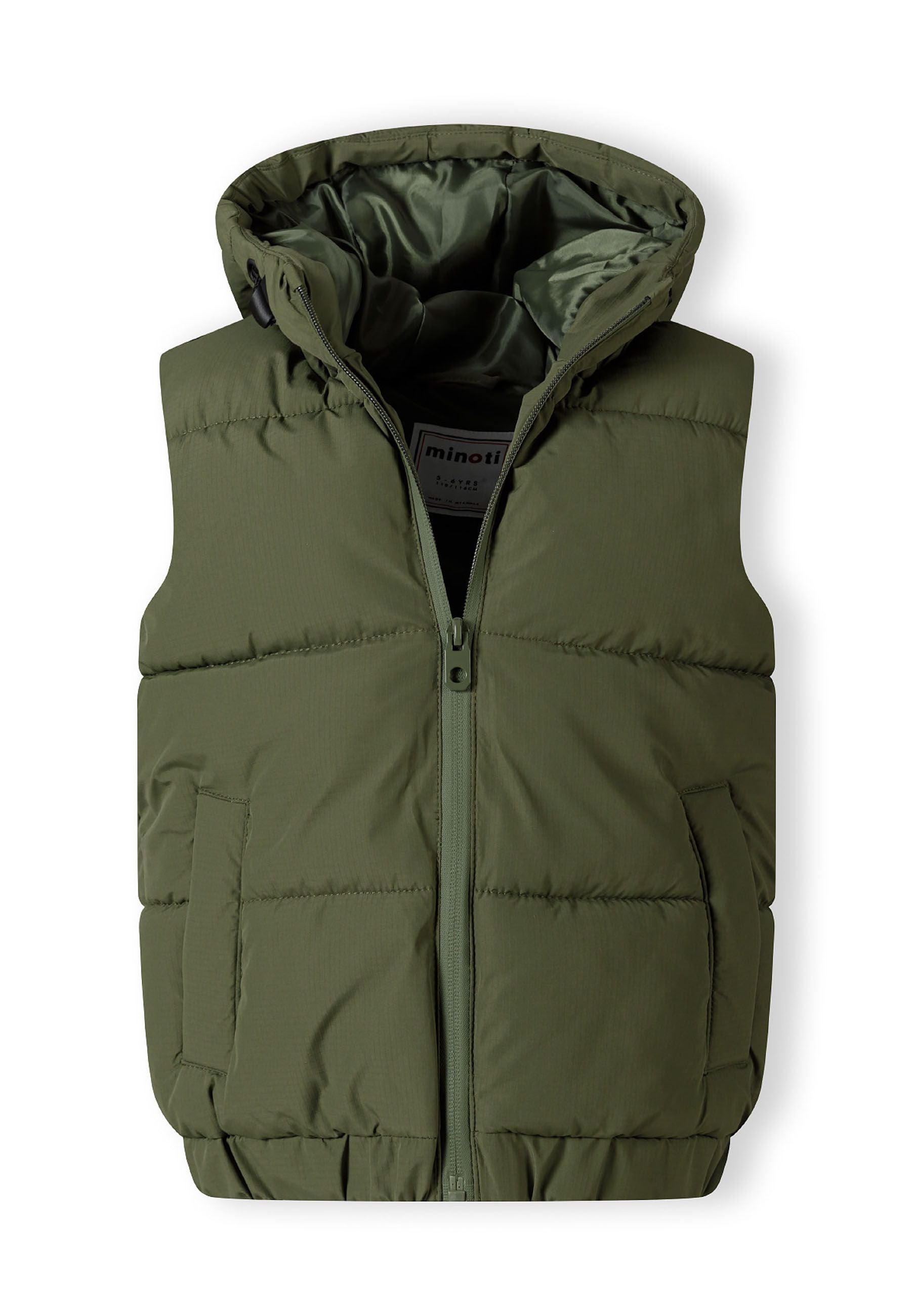 Boys padded gilet in khaki, front view with hood and full zip, featuring two side pockets.