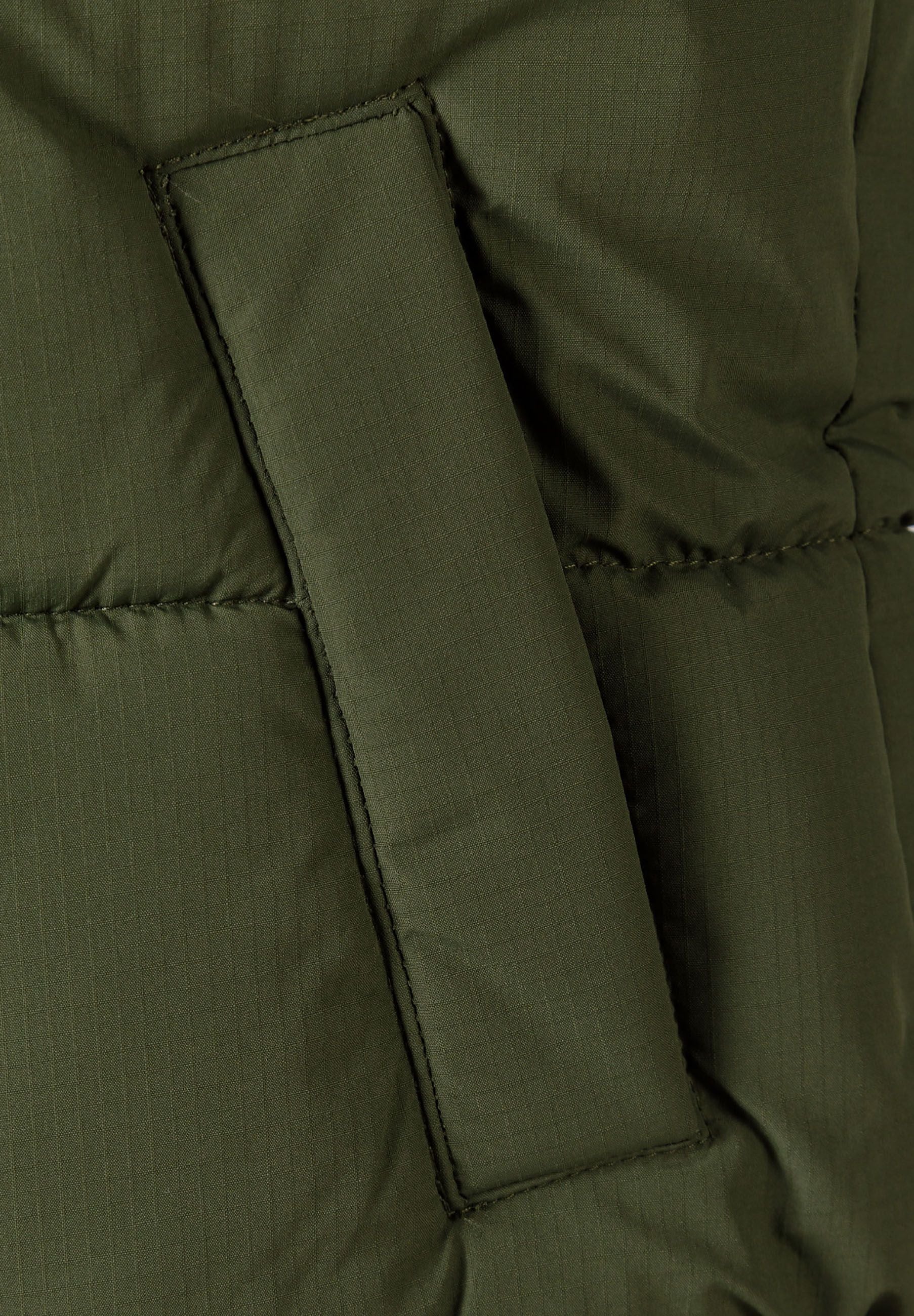 Detail of khaki boys padded gilet with hood and bungee cord.