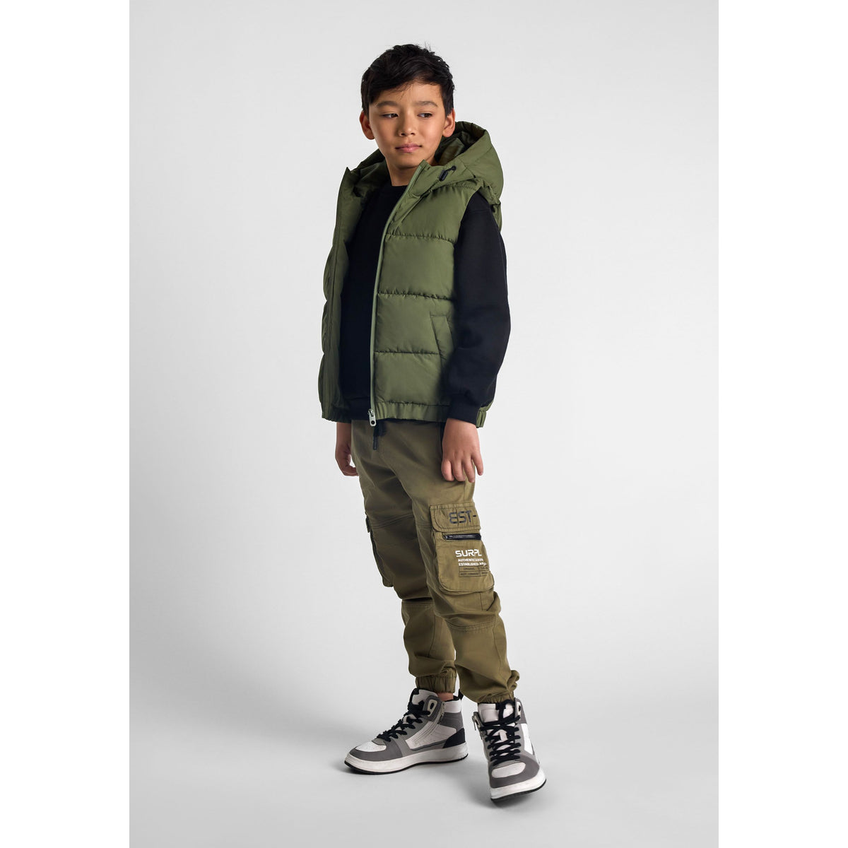 Boys' padded gilet in olive green — complete product view for square Shop card