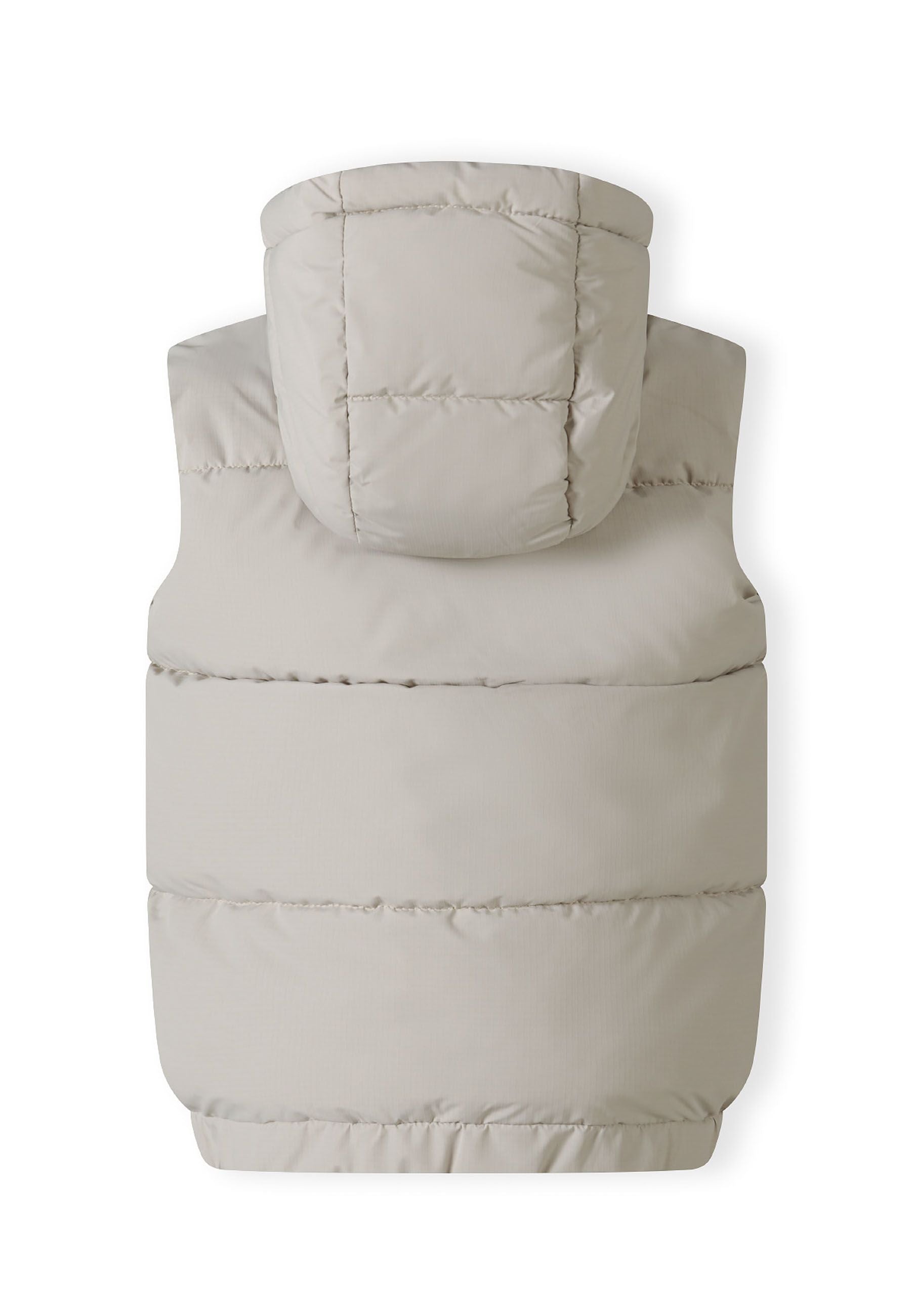 Boys padded gilet with hood, grey, back view, features elasticated hem and side pockets.