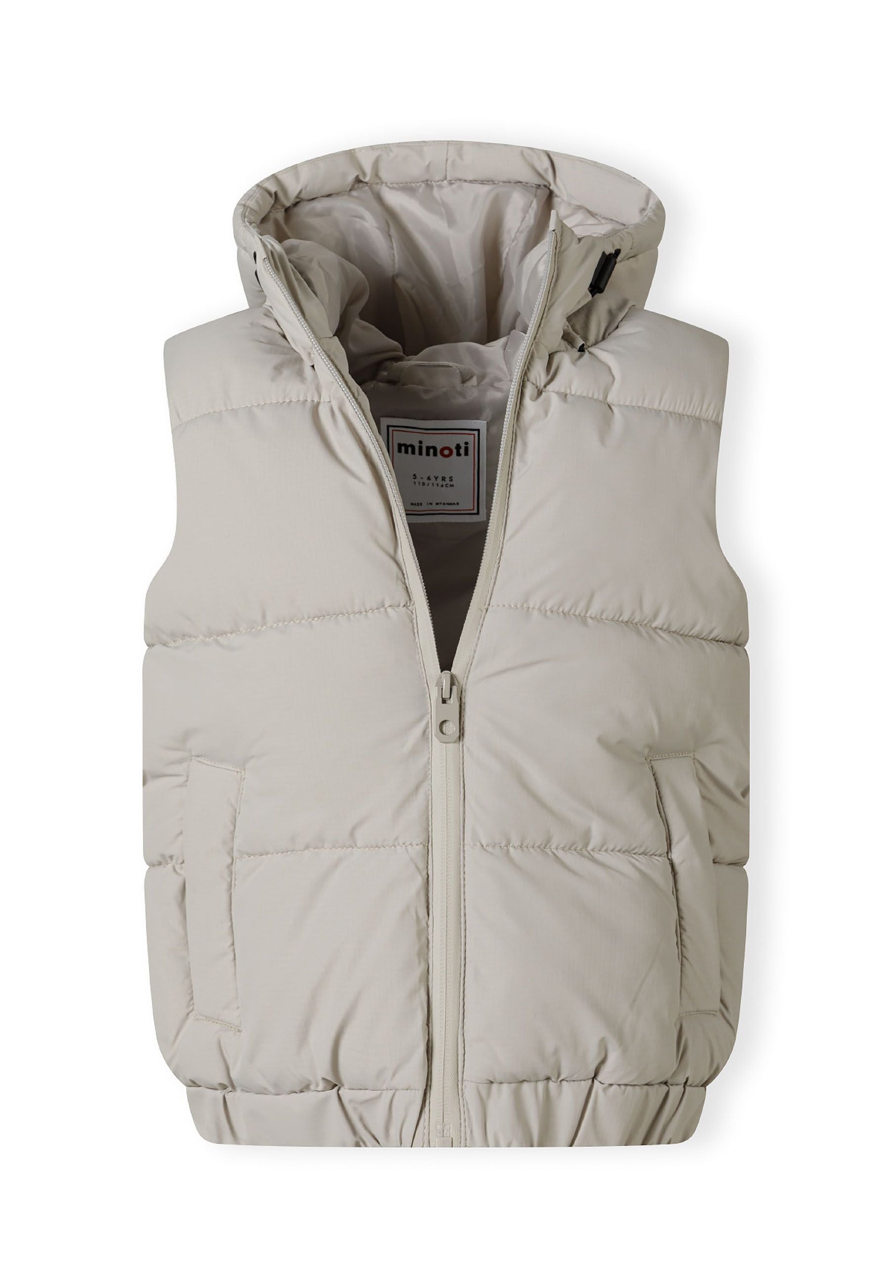 Boys grey padded gilet with hood, front view, featuring zip closure and side pockets.