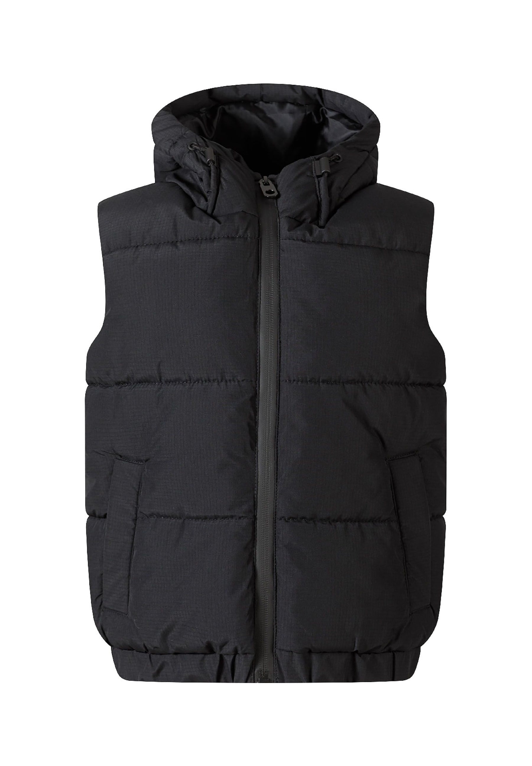 Boys padded gilet in black, front view with hood and zip pockets.