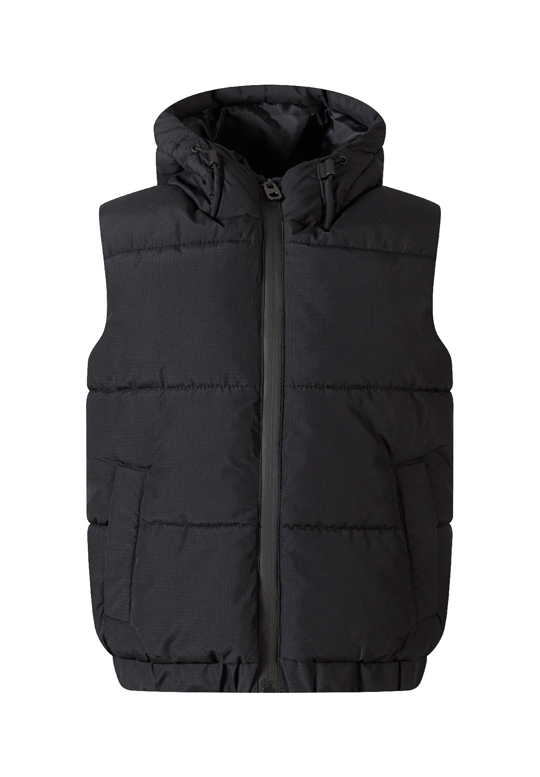 Boys padded gilet in black, front view with hood and zip pockets.