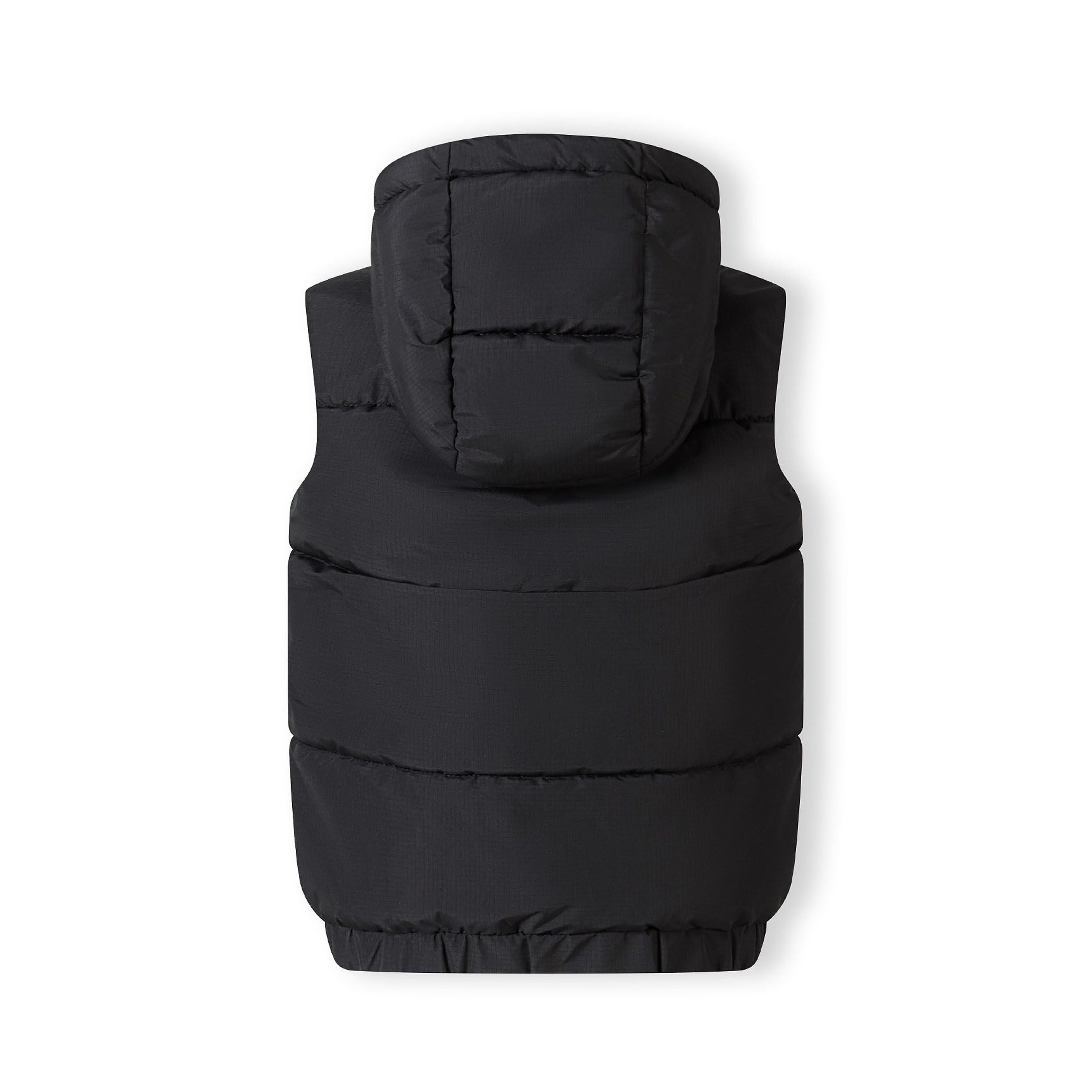 Black padded gilet laid flat showing back view with hood and quilted construction on white background