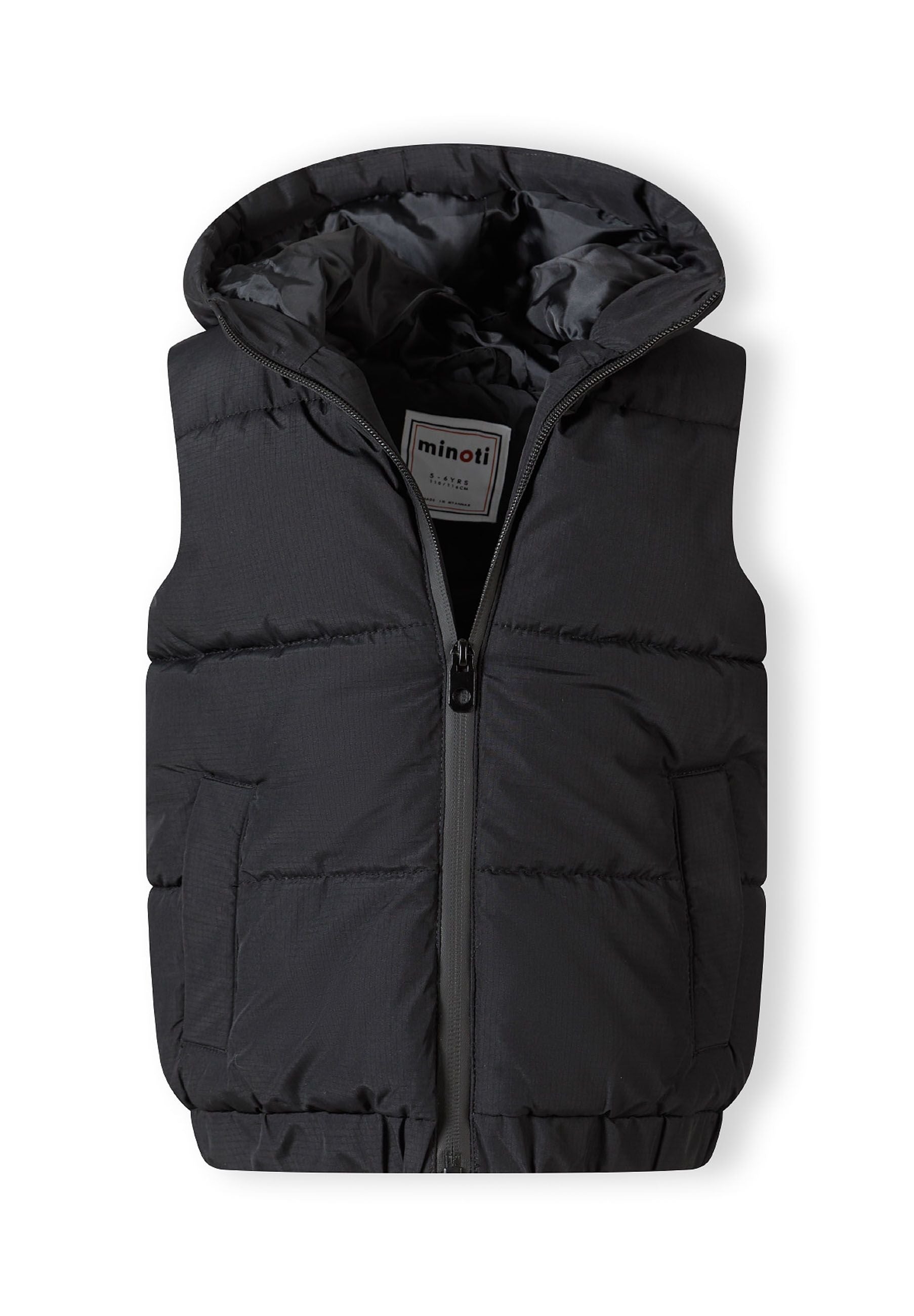 Boys padded gilet in black, front view with hood and zip pockets.