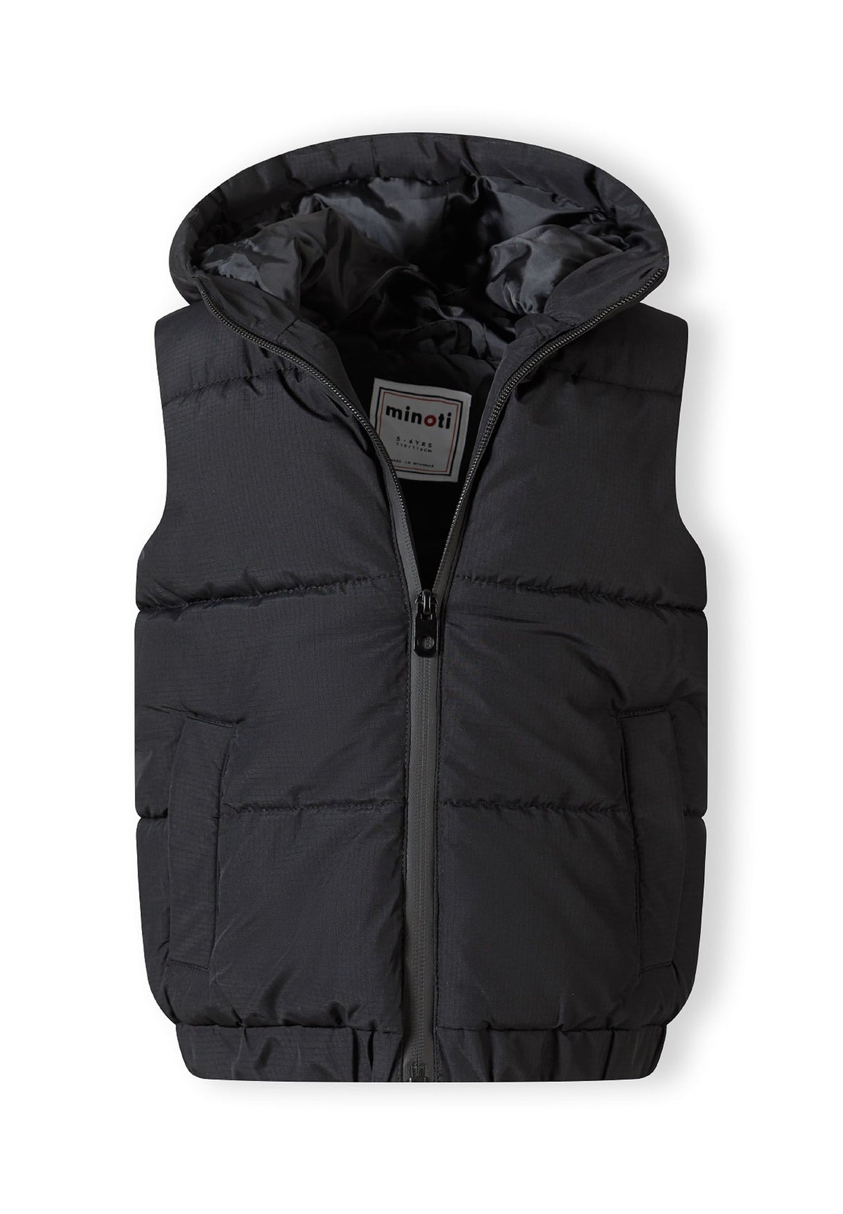 Black padded gilet, open front.