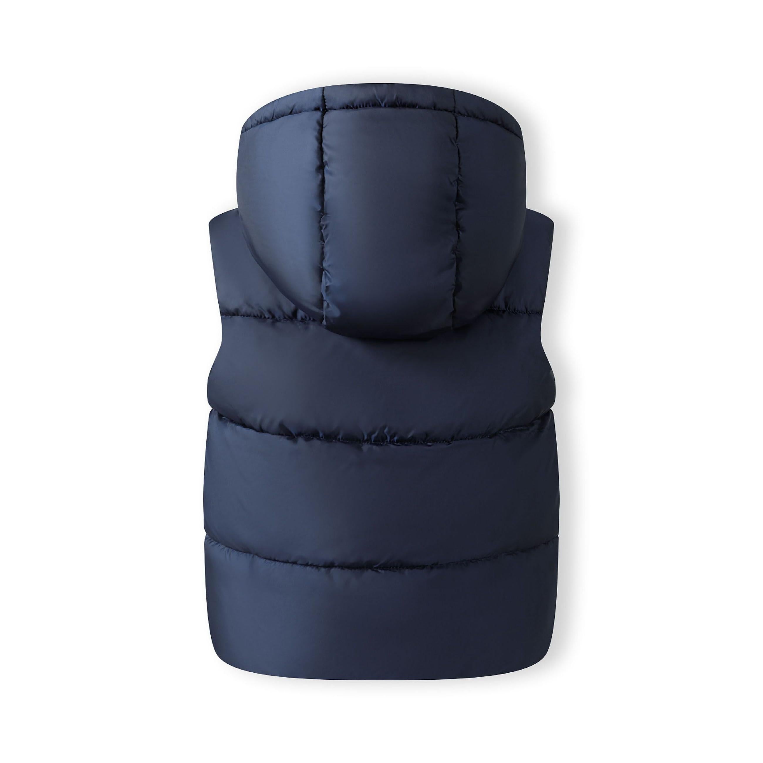 Rear view of navy quilted gilet showing hooded design and quilted panel construction on white background