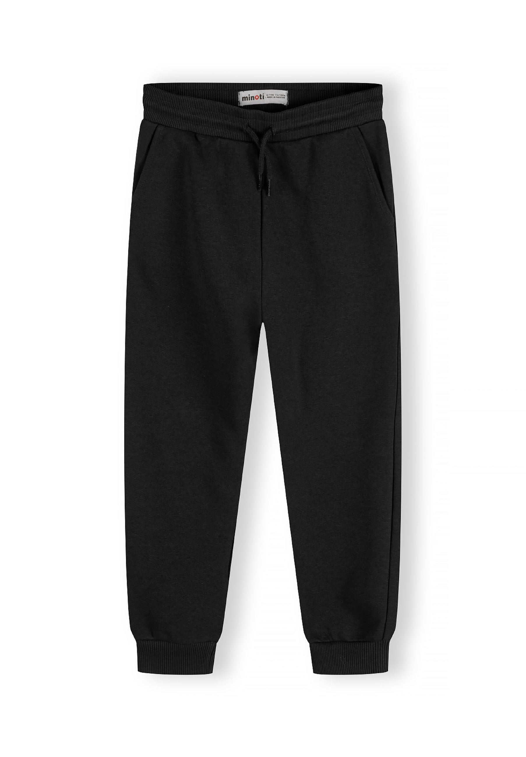 Boys joggers in black, front view with ribbed cuffs and adjustable drawcord.