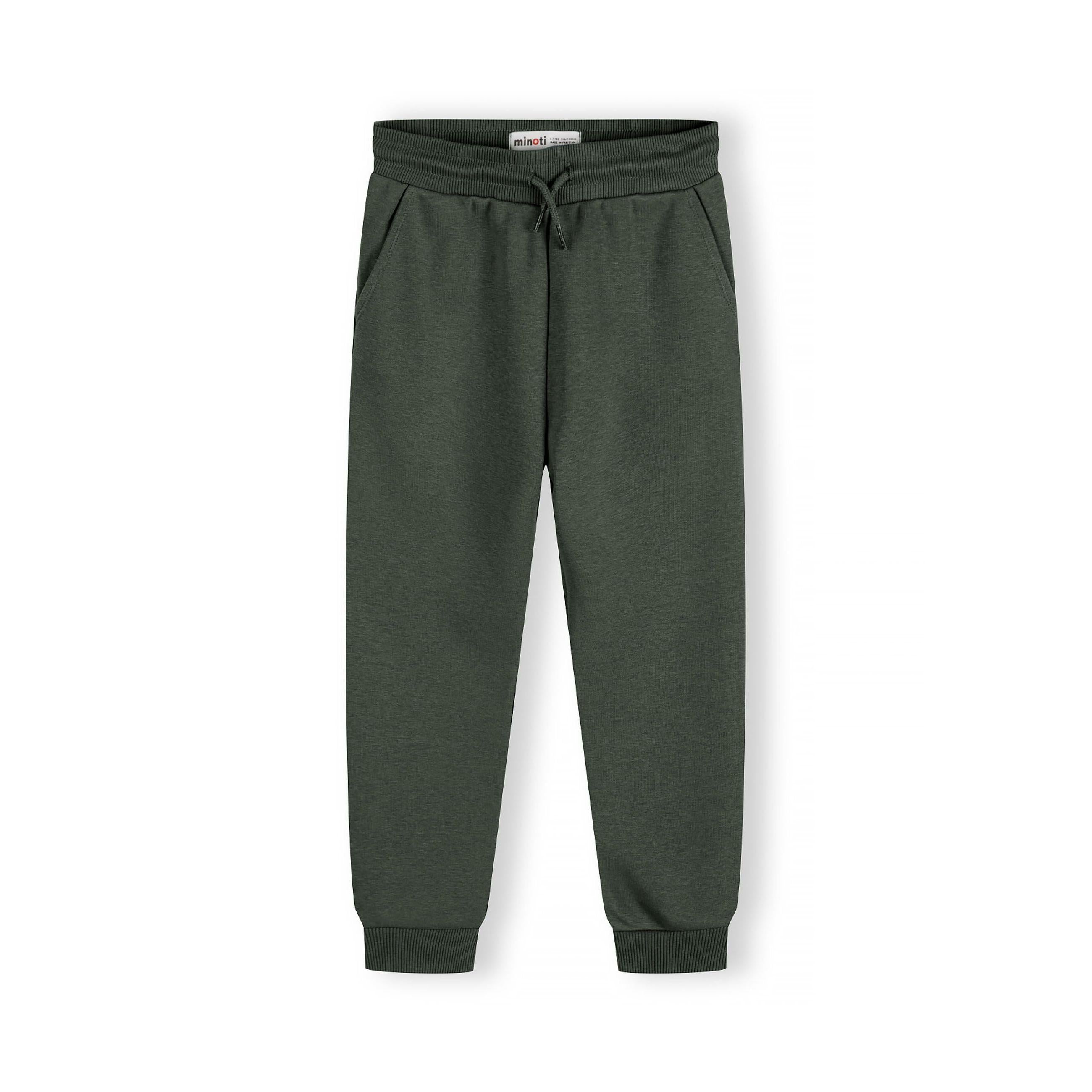 Single green joggers laid flat showing front view with drawstring waist, side pockets and ribbed ankle cuffs on white background