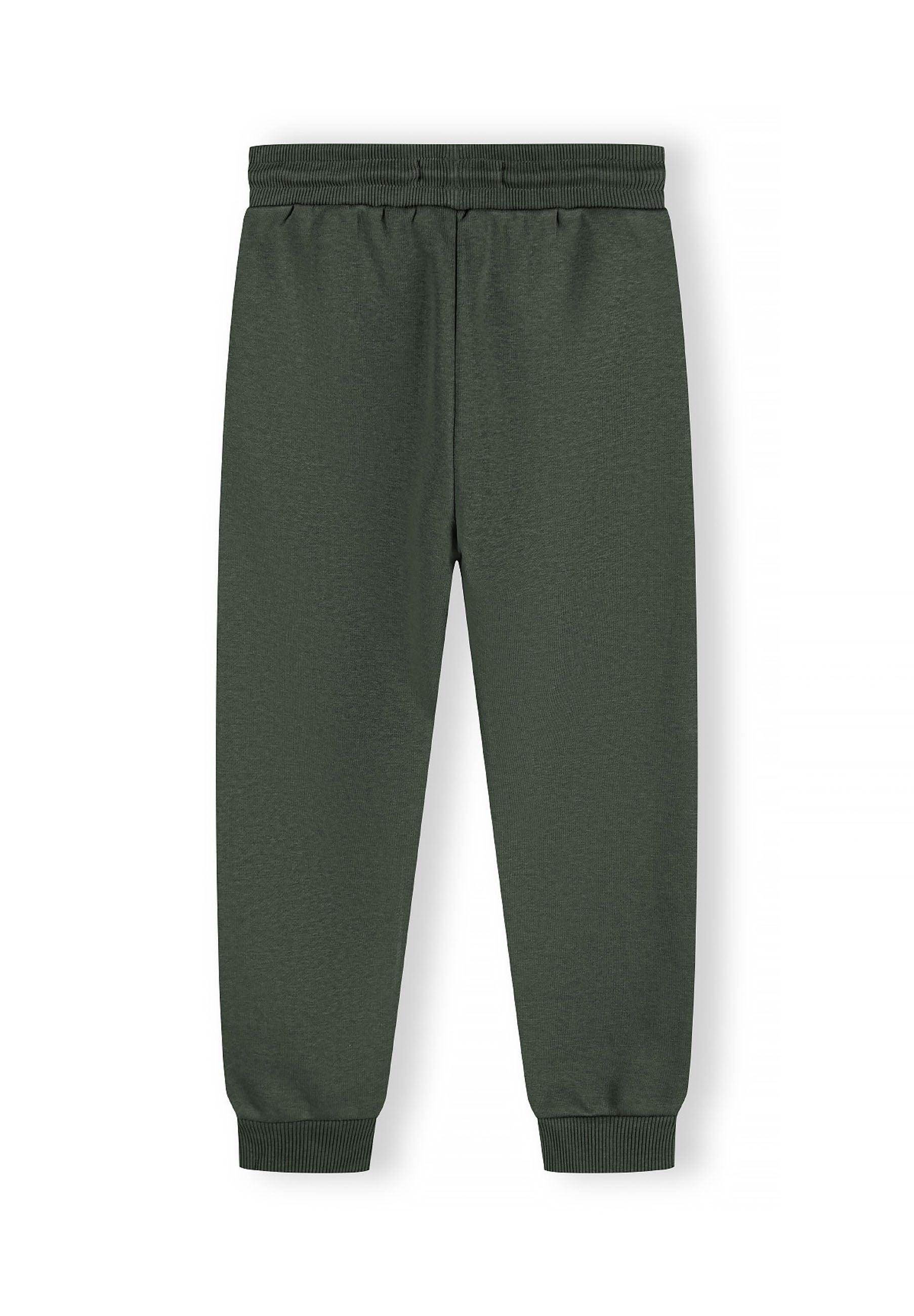 Boys joggers in dark green with ribbed cuffs and drawcord, front view.