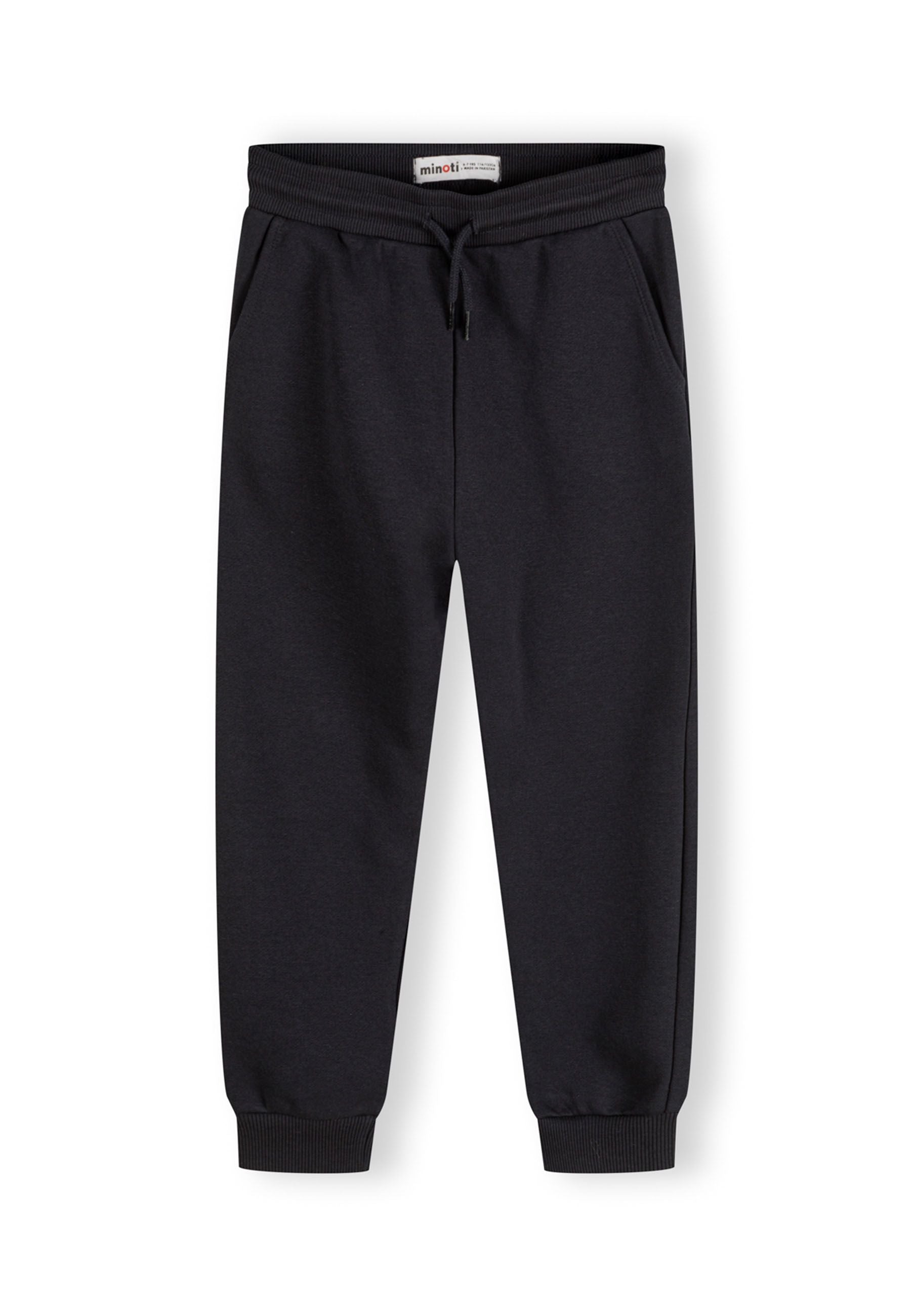 Boys joggers in navy with ribbed cuffs and drawcord, front view.