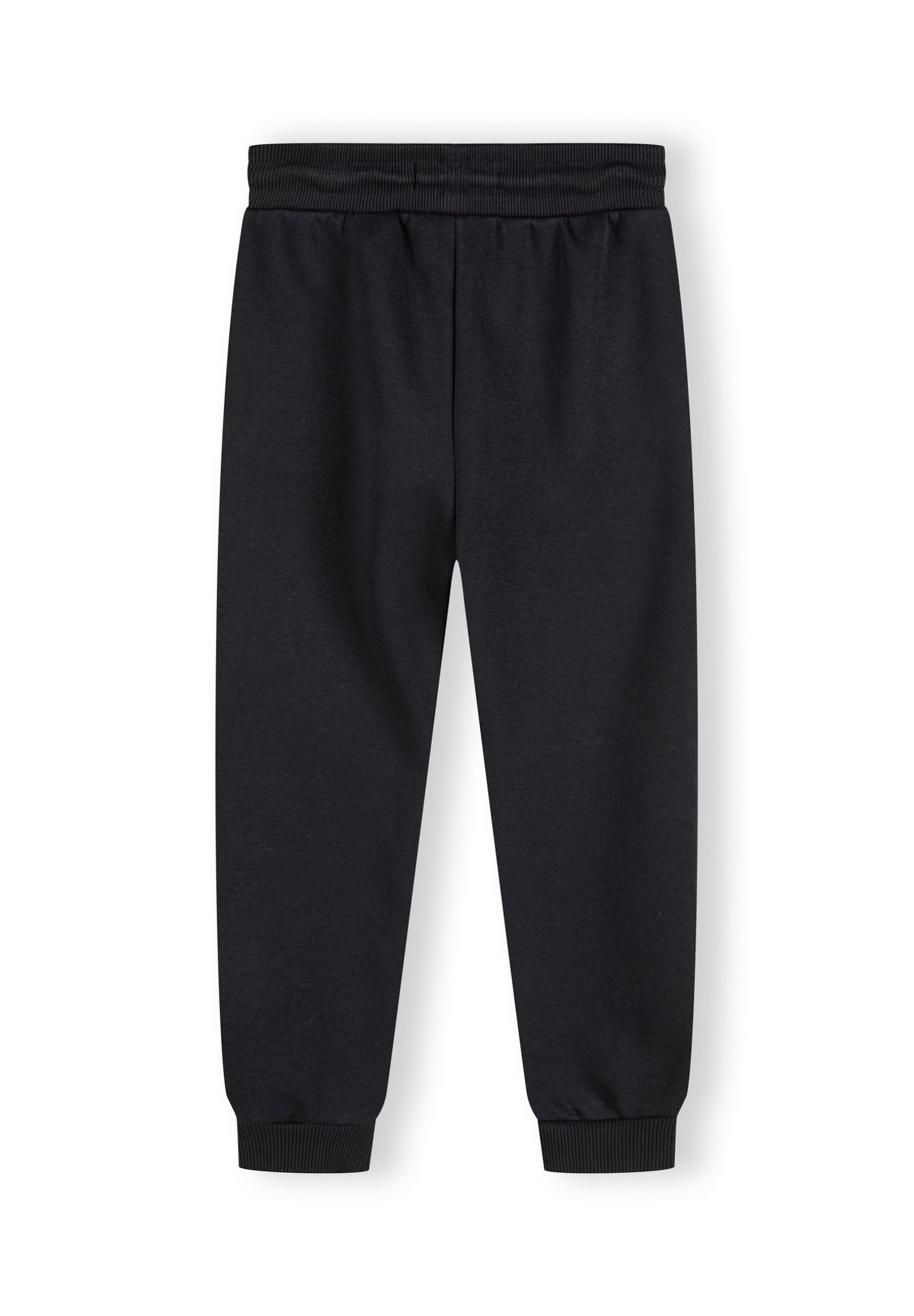 Boys joggers in navy, back view with ribbed cuffs and drawcord waistband.