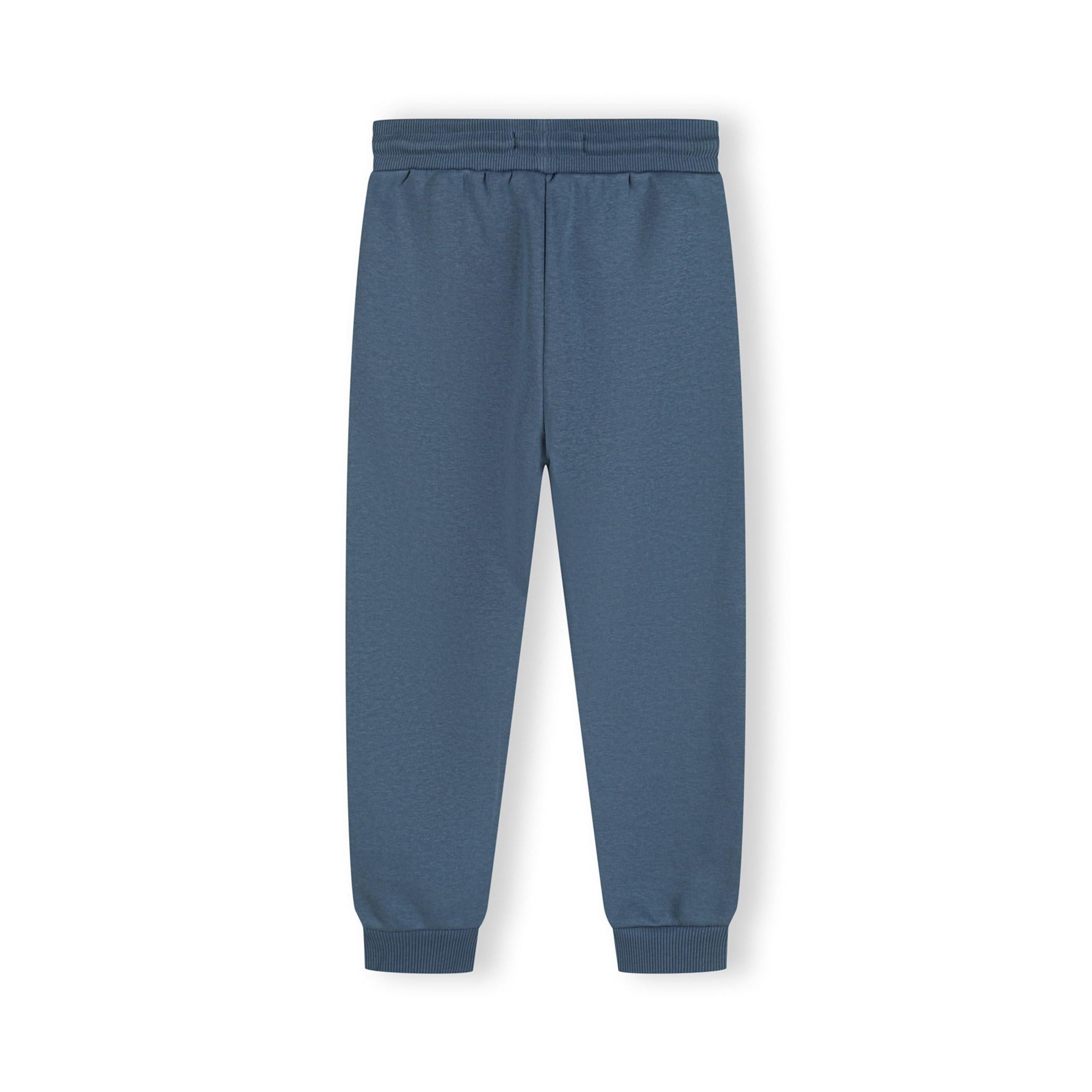Back view of grey children's sweatpants laid flat showing ribbed waistband, back seam detail and ankle cuffs against white background