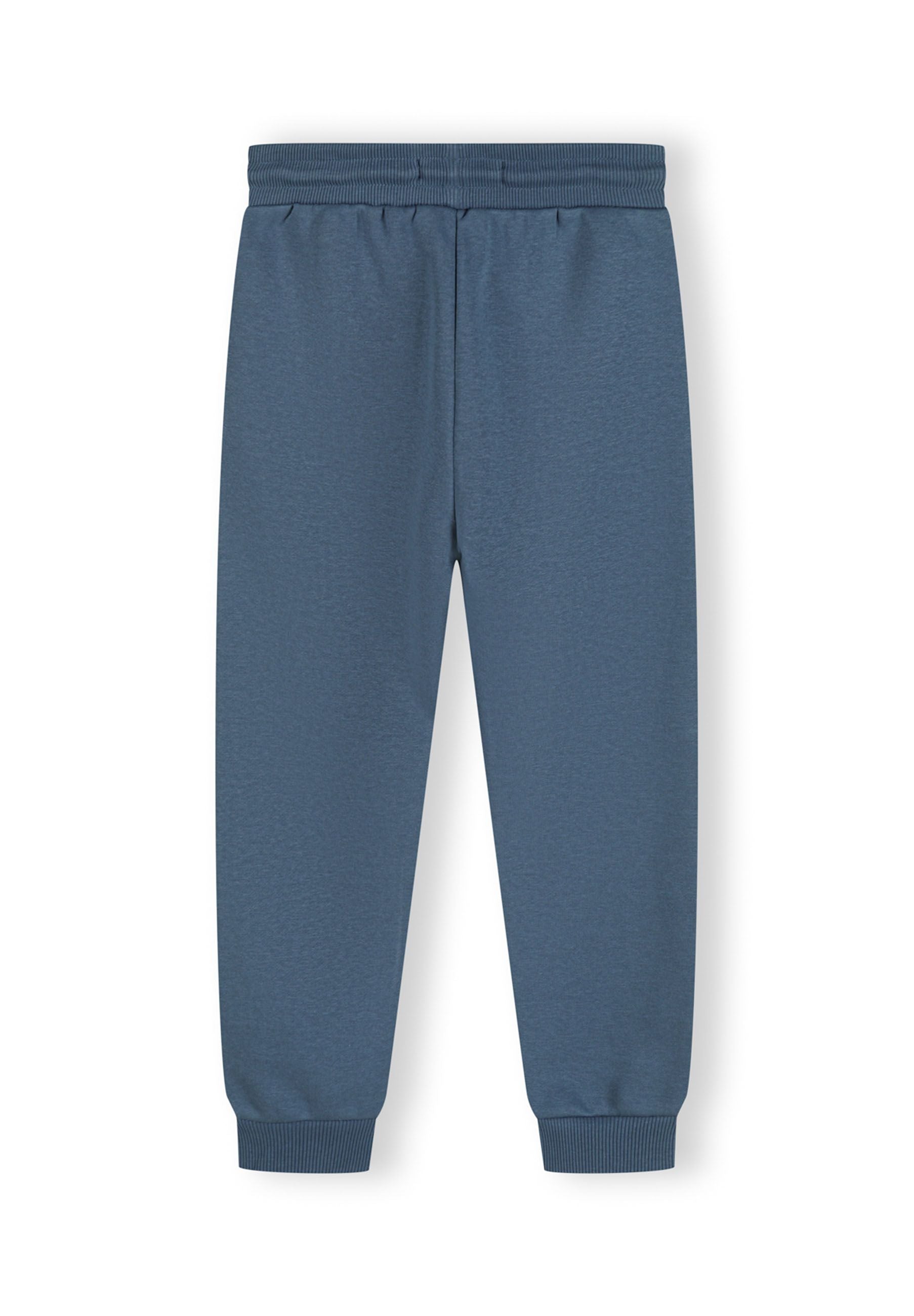 Boys joggers in navy with ribbed cuffs and drawcord, front view.