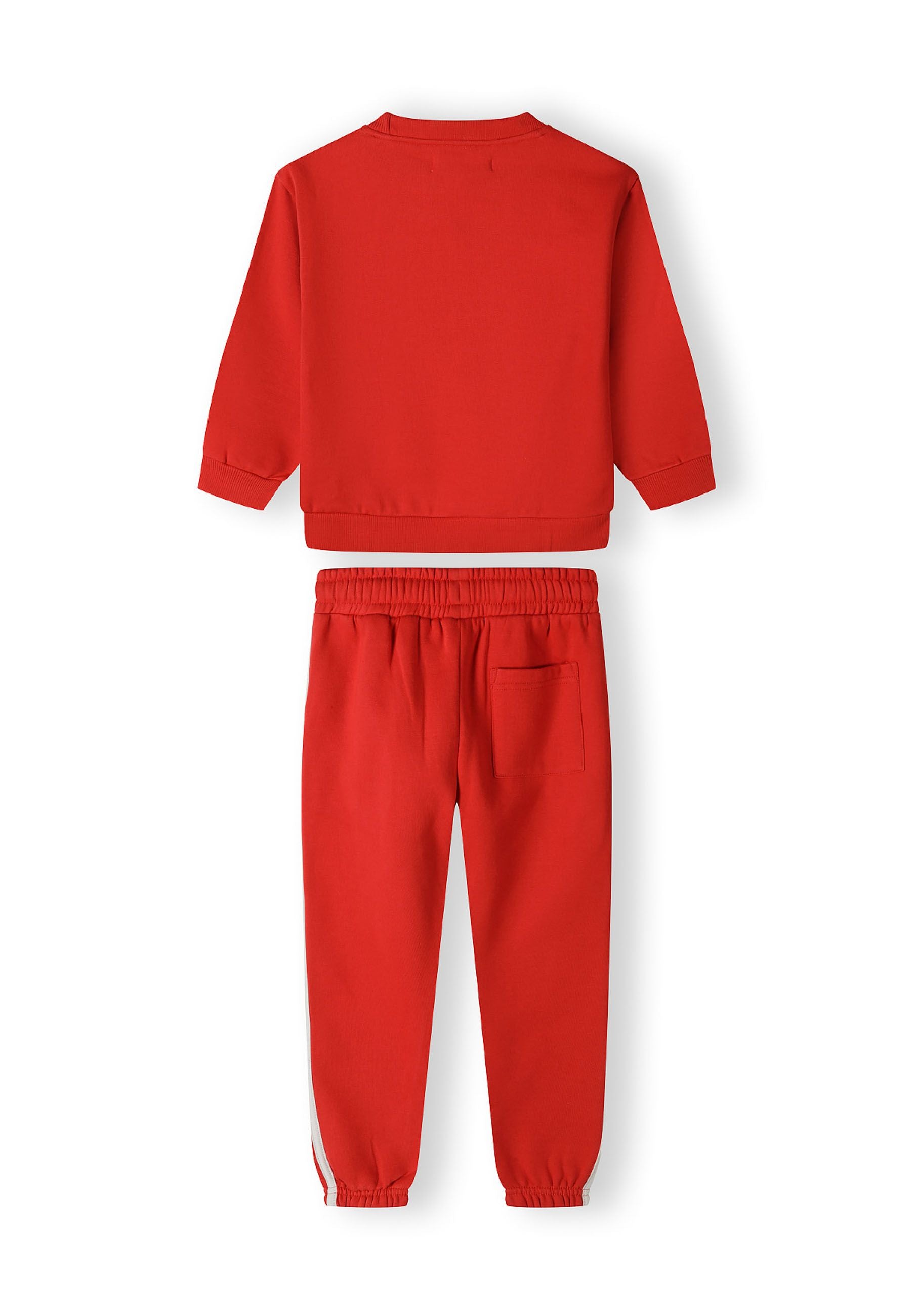Boys red sweatshirt and joggers set, back view, featuring ribbed cuffs and adjustable waistband.