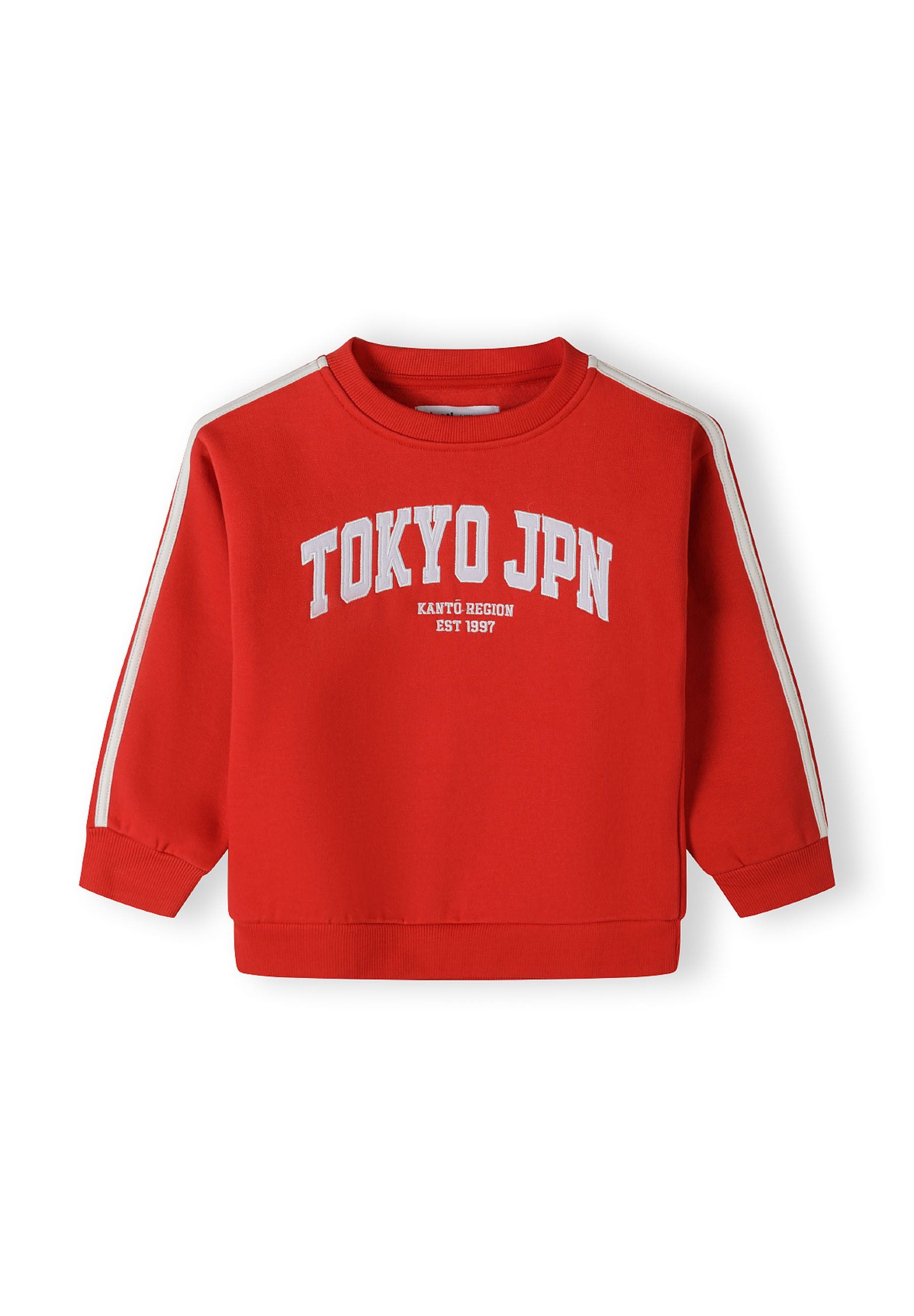 Boys red sweatshirt with TOKYO JPN print, ribbed cuffs, and sporty taping detail.