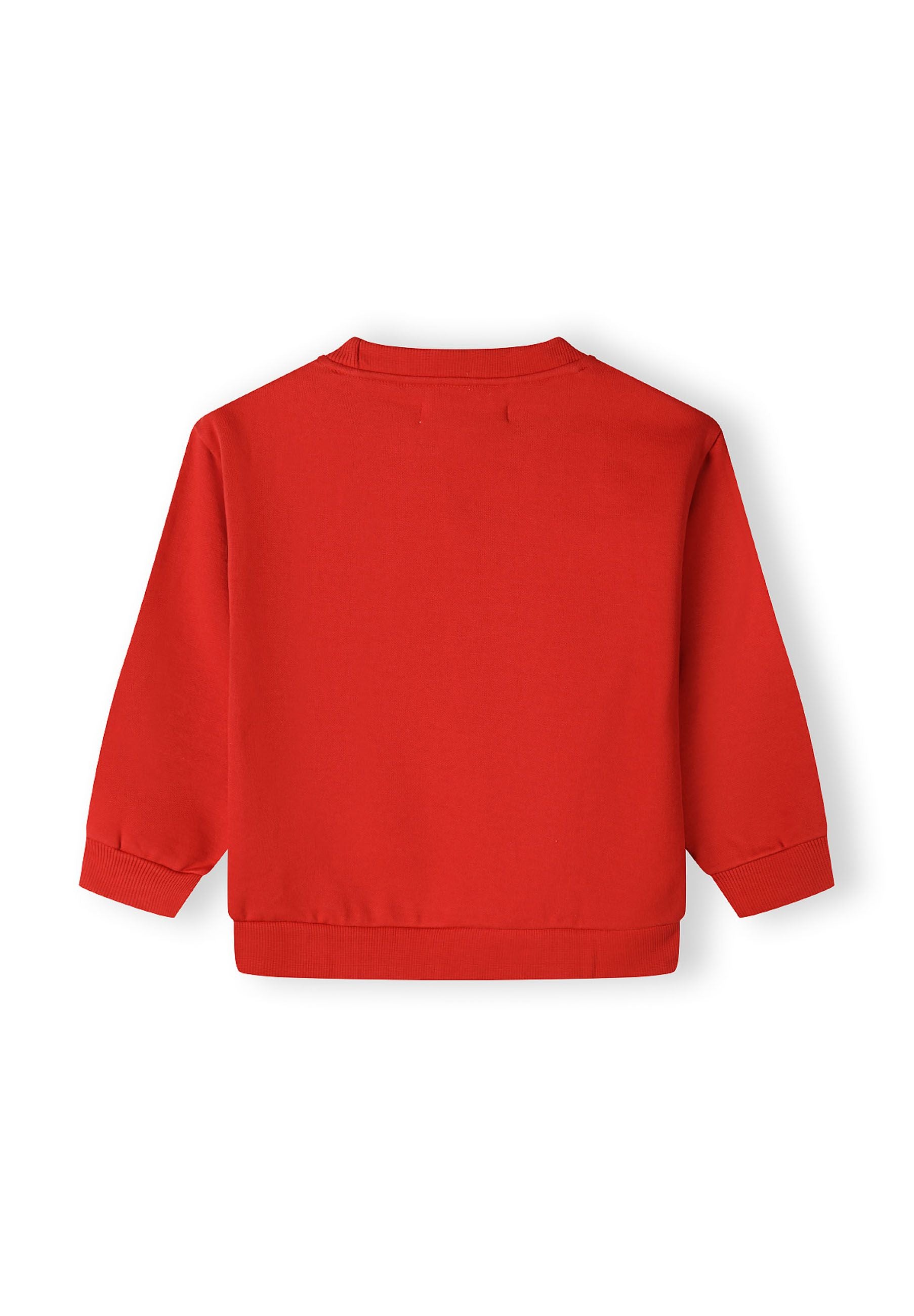 Boys red sweatshirt back view with ribbed cuffs and hem.