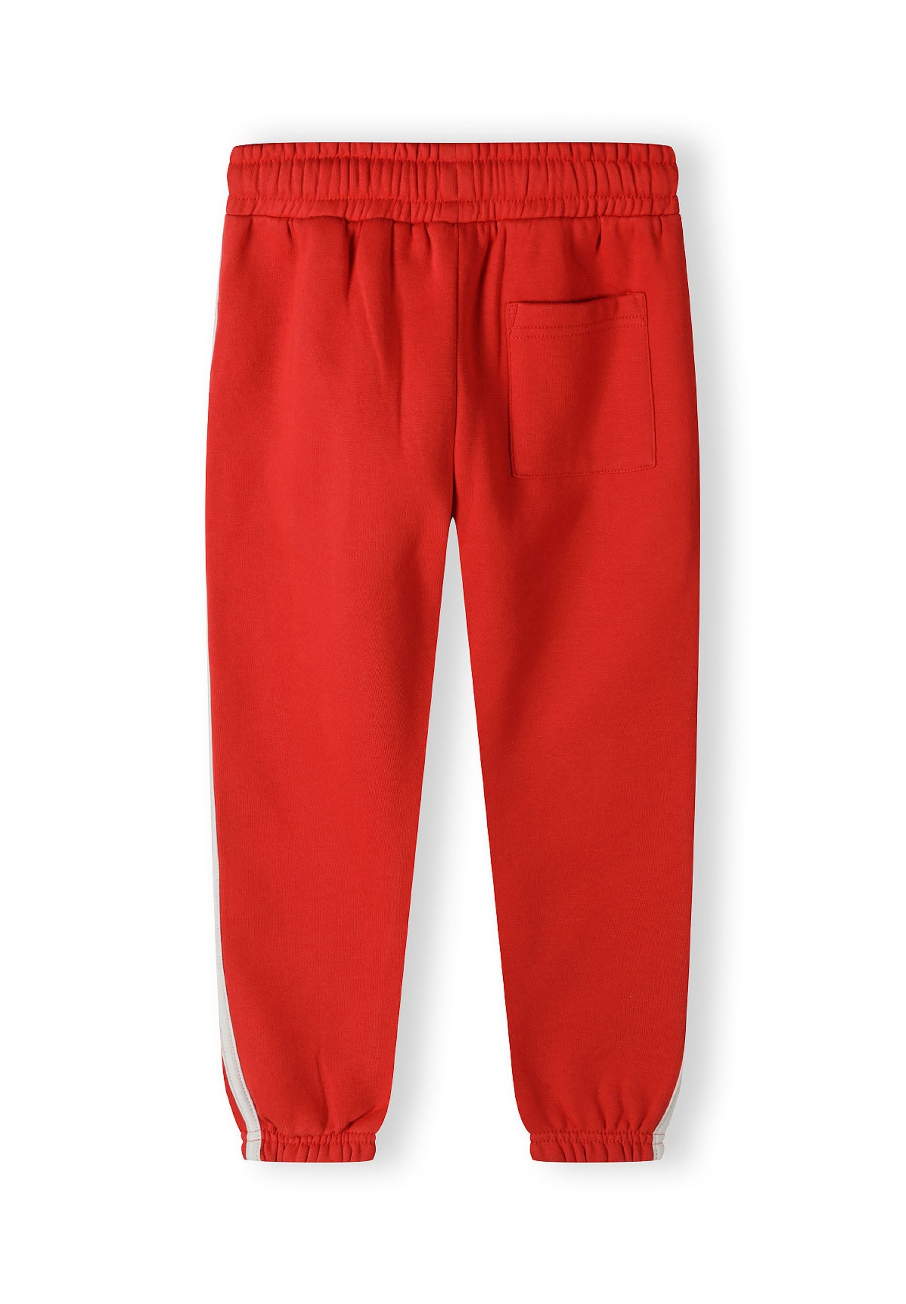 Boys joggers in red with elastic waistband and side pockets, back pocket detail.
