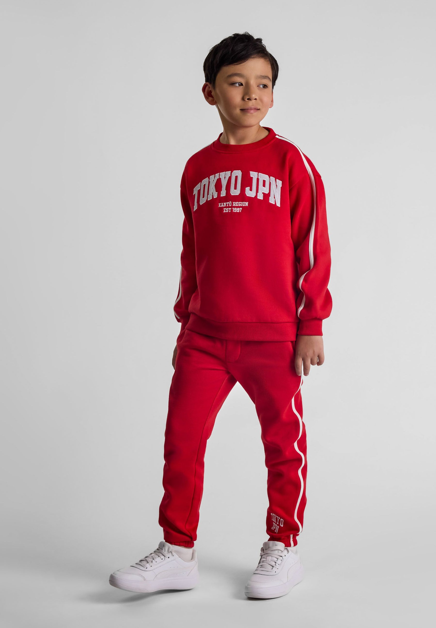 Boys red sweatshirt and joggers set, front view, features Tokyo JPN print and sporty taping.