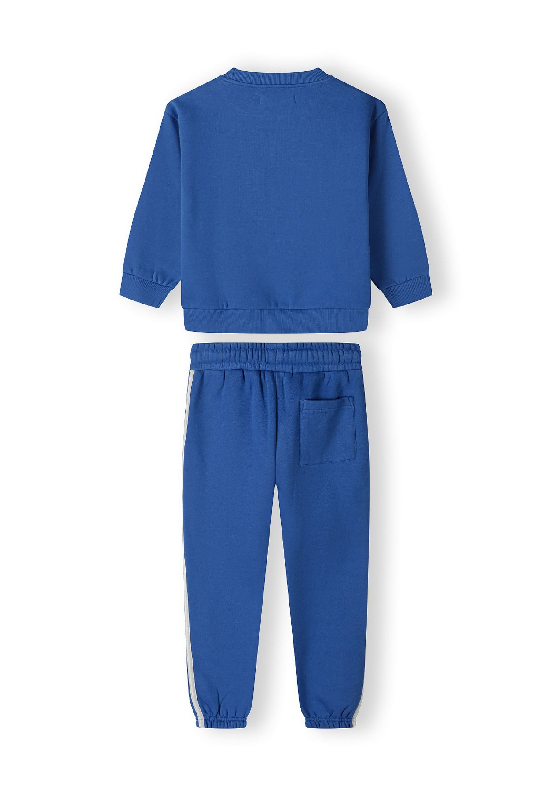 Boys sweatshirt and joggers set in cobalt blue, back view, featuring ribbed trims and side pockets.