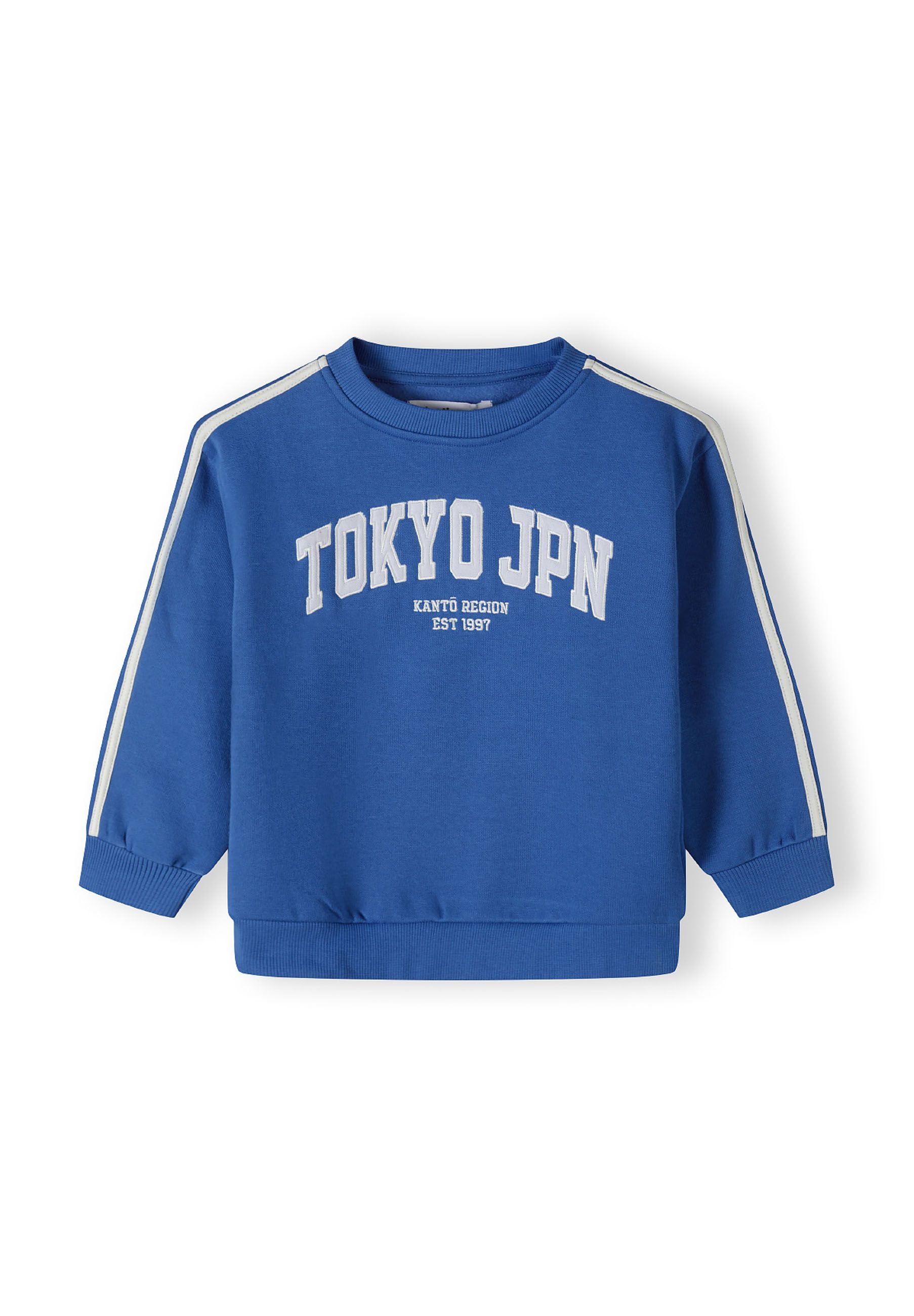 Boys sweatshirt in cobalt blue with 'TOKYO JPN' print and contrast tape detail, front view.