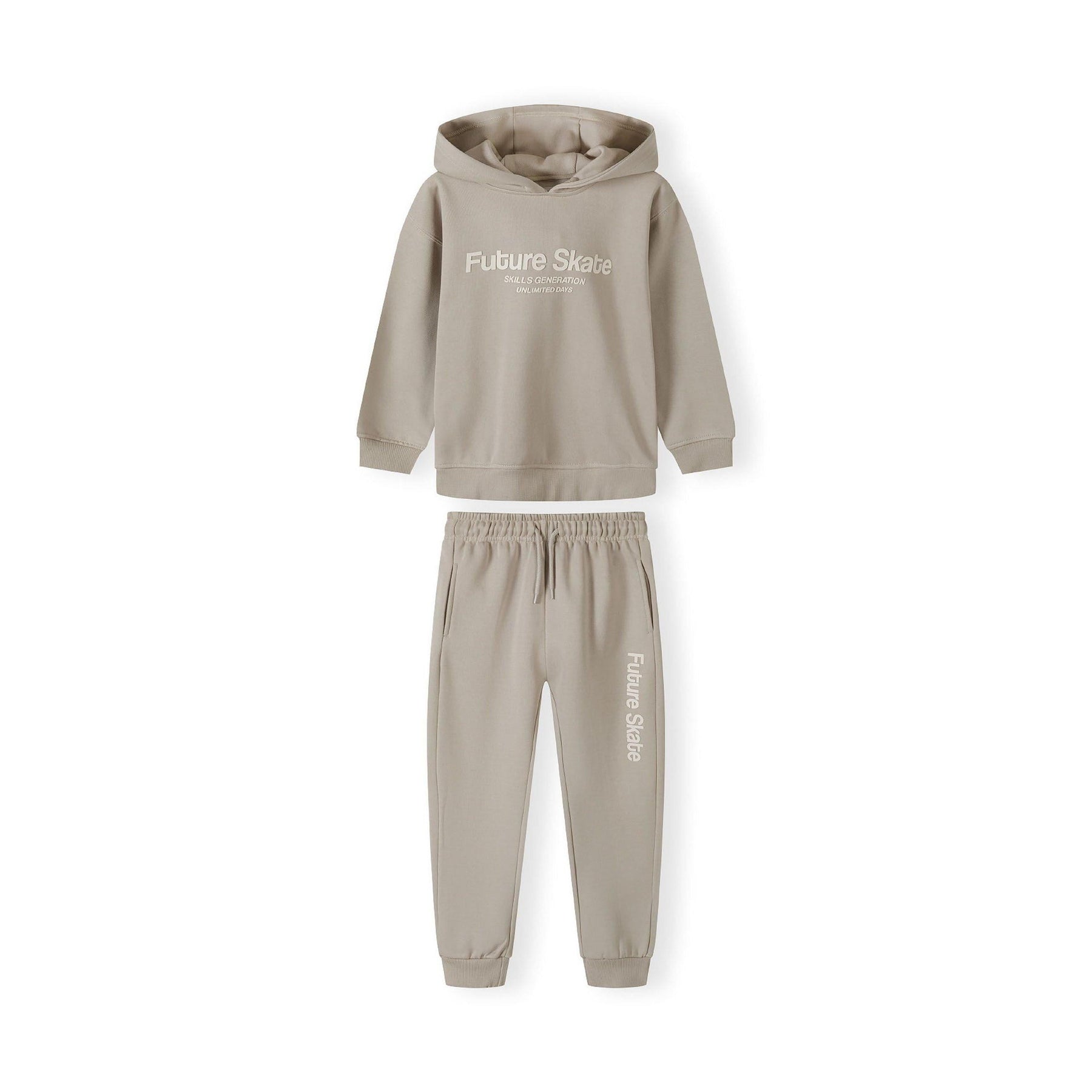 Grey joggers with Future Skate text print down the leg, featuring elastic waistband with drawstring and side pockets, displayed flat on white background
