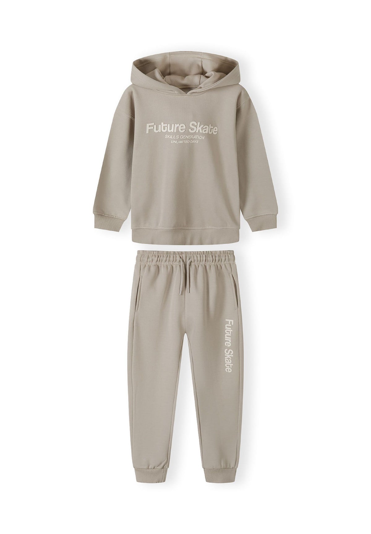 Taupe hoodie and joggers set, set fronts.