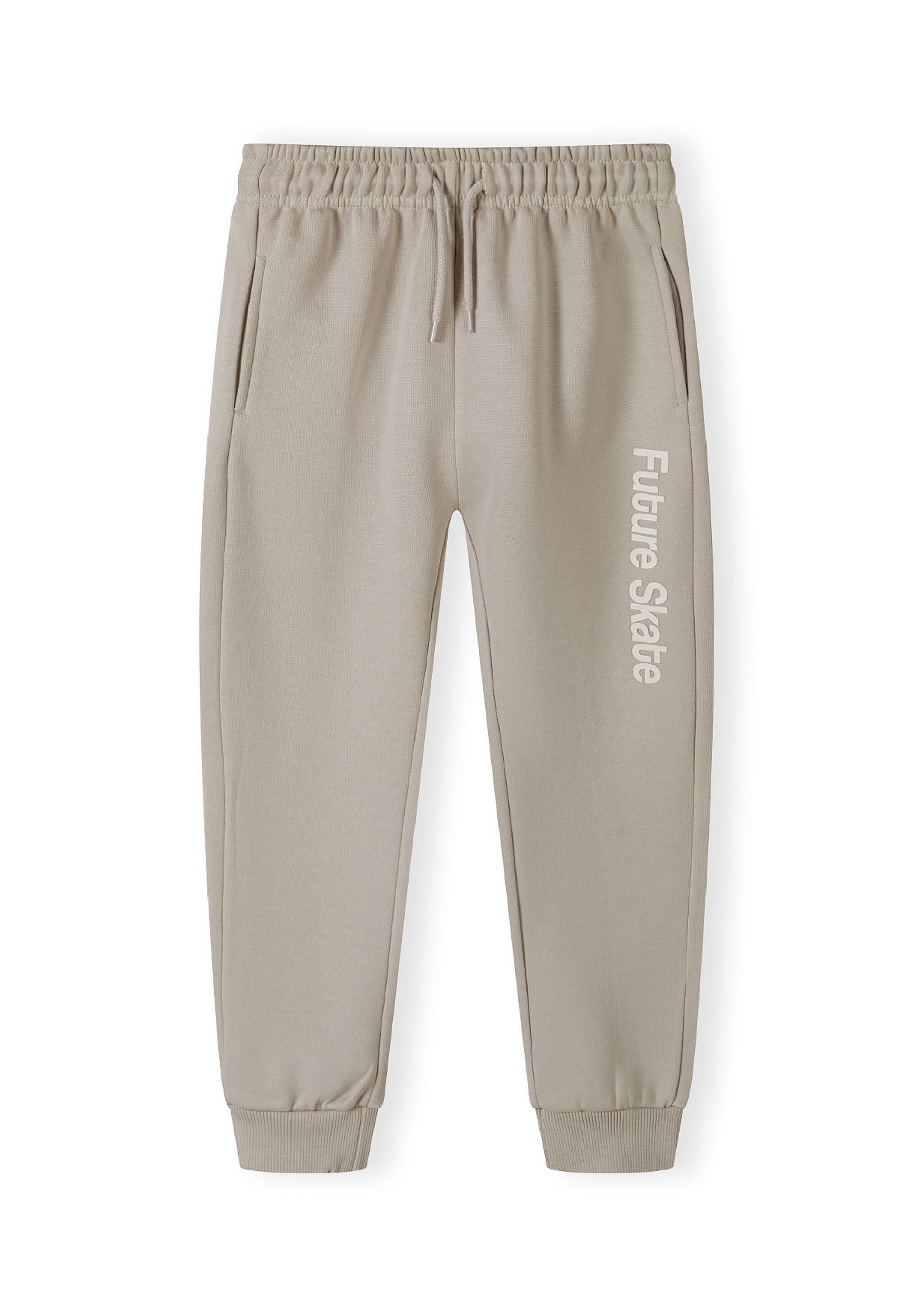 Boys joggers in grey with ribbed ankle cuffs and side pockets, front view.