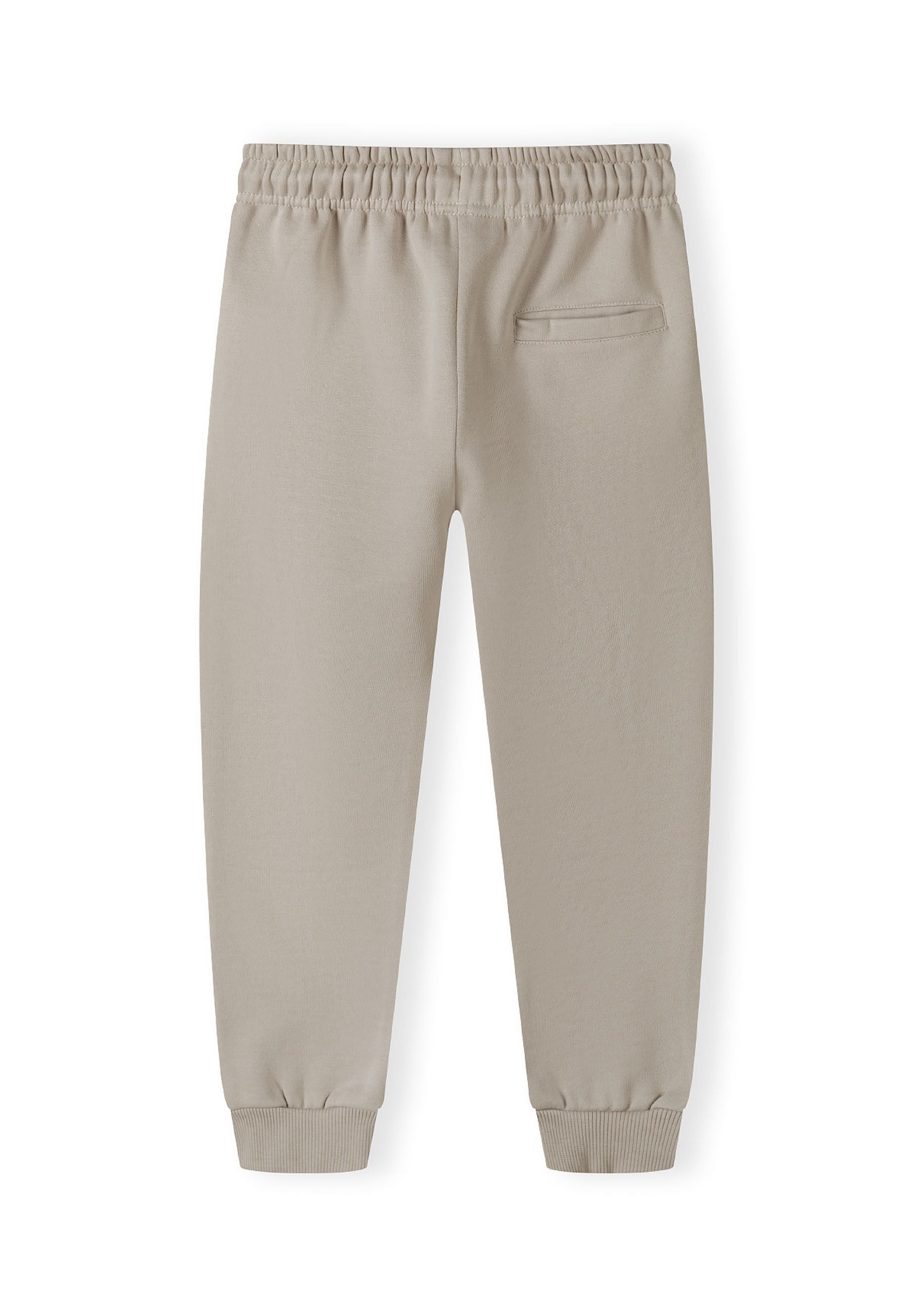 Detail of boys joggers in light grey with ribbed ankle cuffs and side pocket.