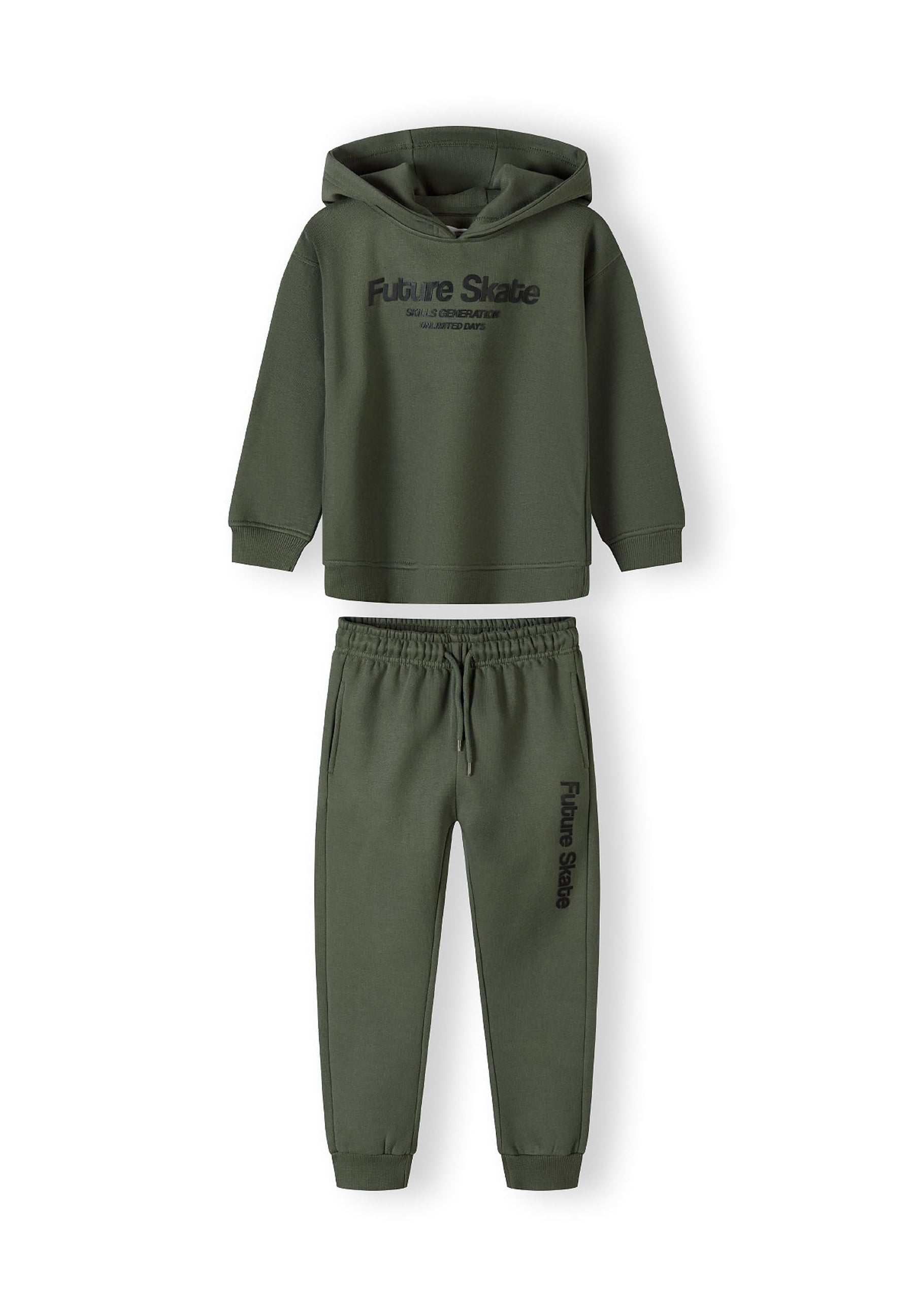 Boys khaki hoodie and joggers set, front view, features 'Future Skate' print and ribbed cuffs.