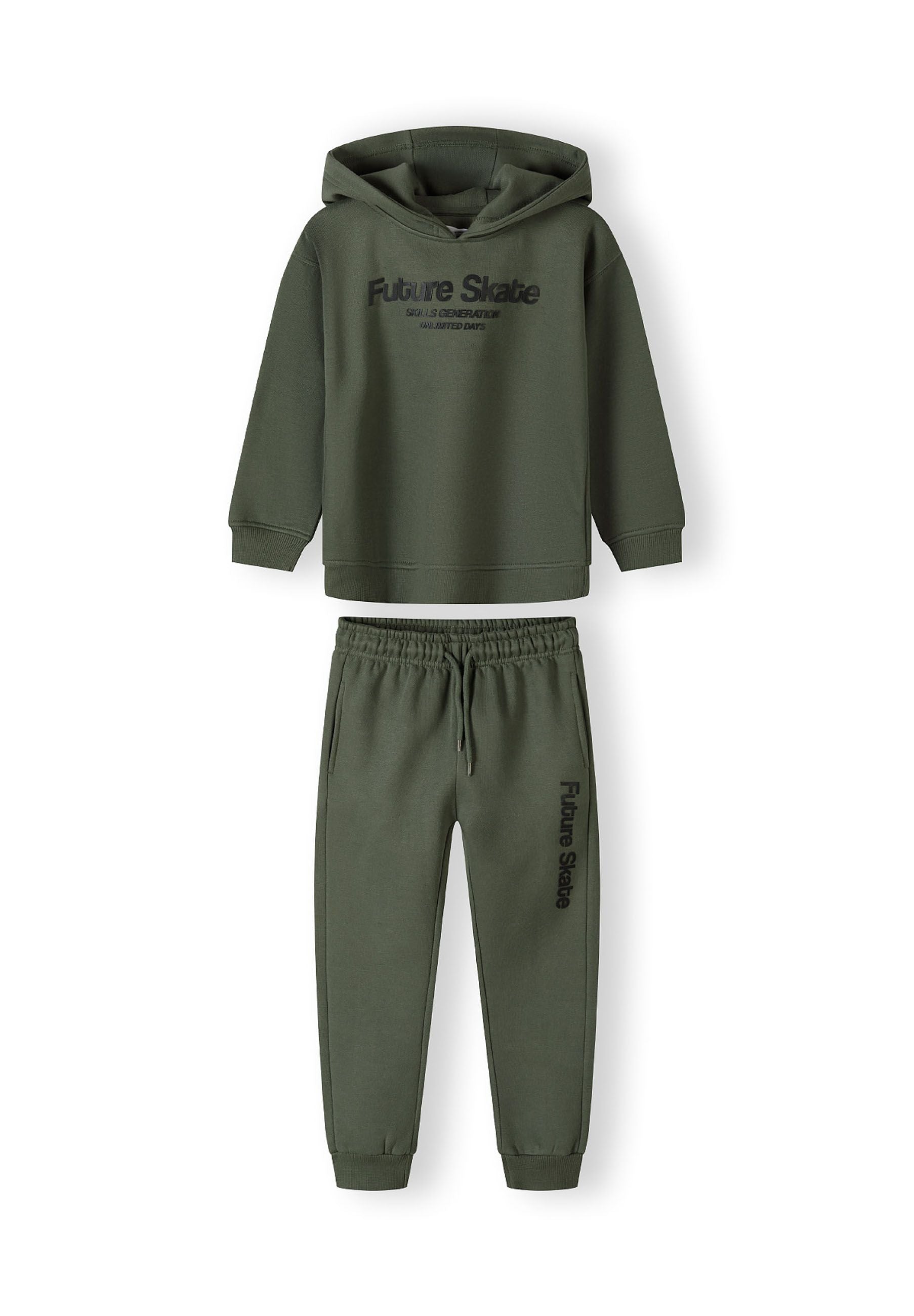 Boys khaki hoodie and joggers set, front view, features 'Future Skate' print and ribbed cuffs.