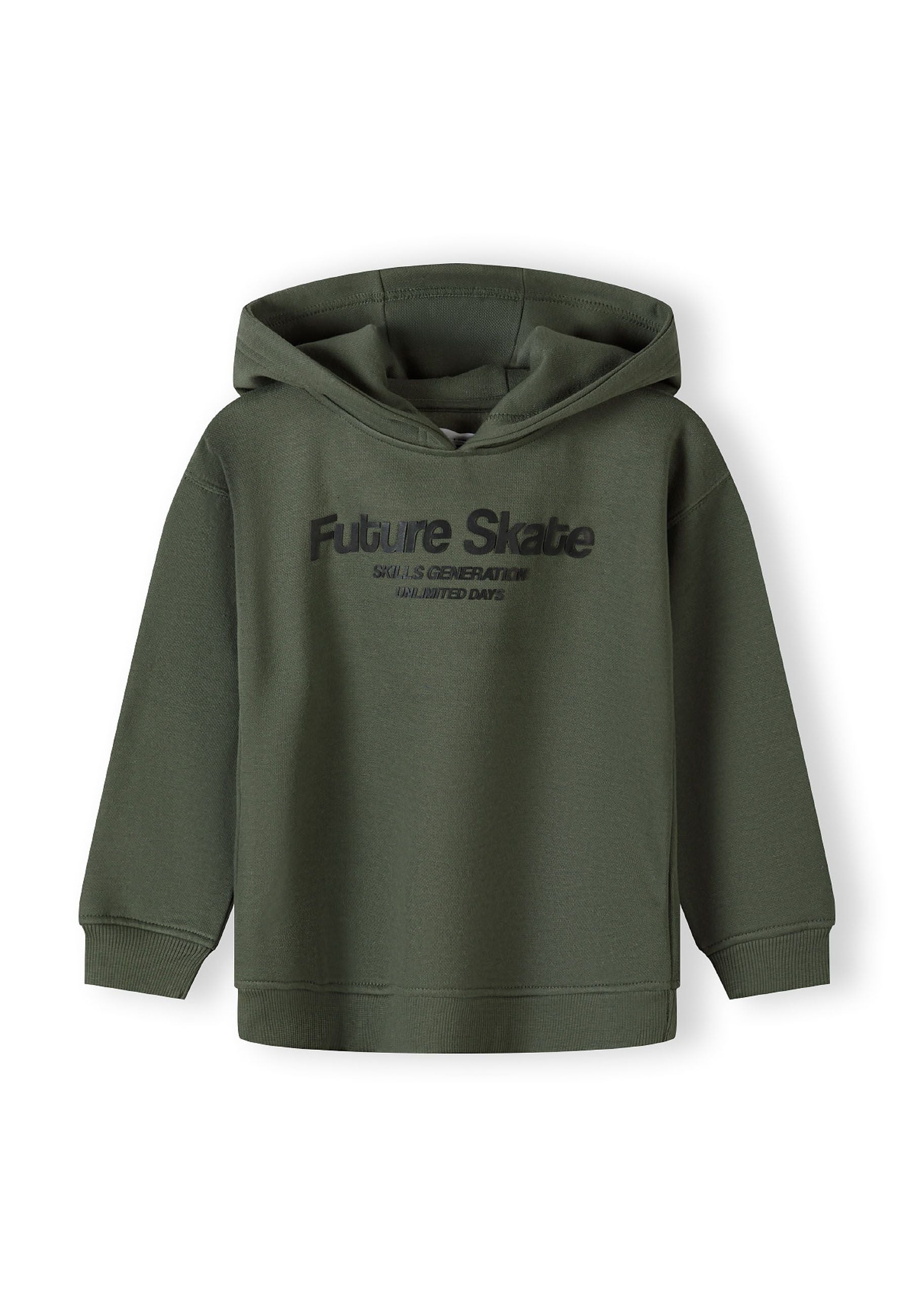 Khaki boys hoodie, front view, features 'Future Skate' print and ribbed hem.
