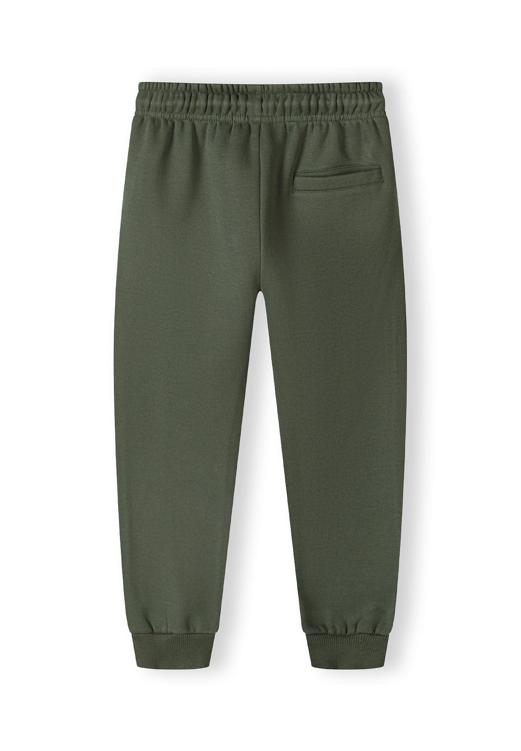 Boys joggers in khaki with ribbed ankle cuffs and back pocket, back view.