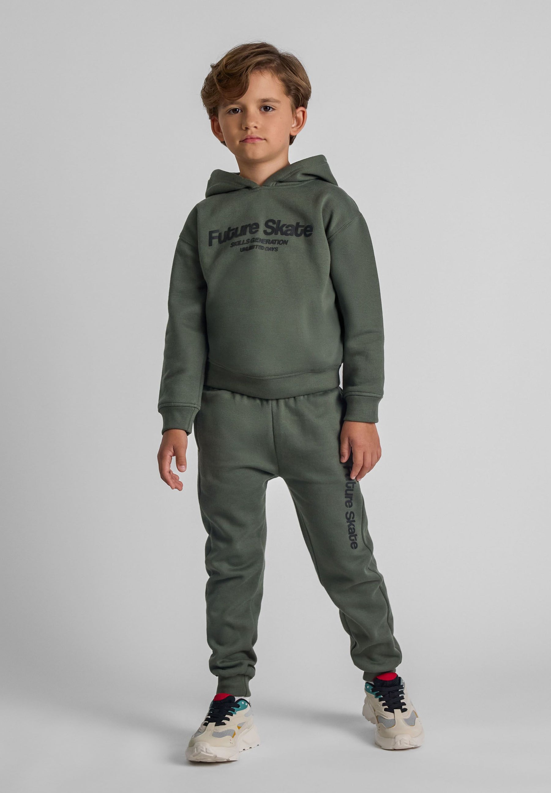 Boys khaki hoodie and joggers set, front view, features 'Future Skate' print.