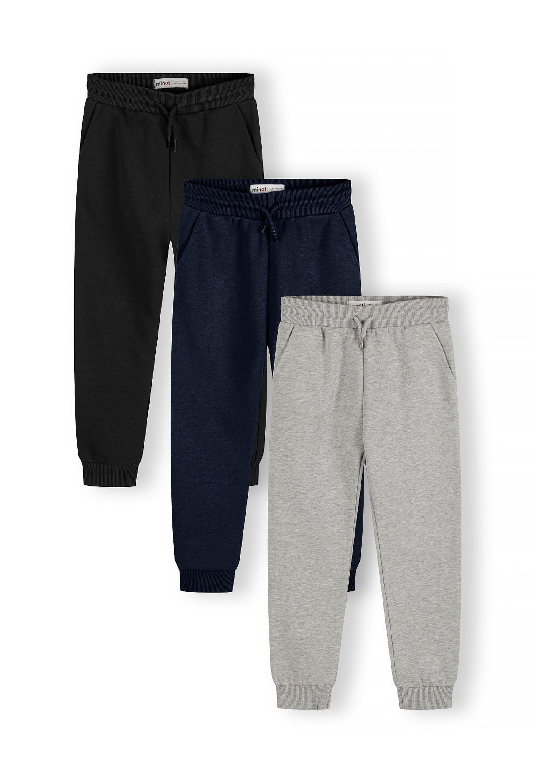 Boys joggers in navy, grey, and black with ribbed cuffs and adjustable drawcord.