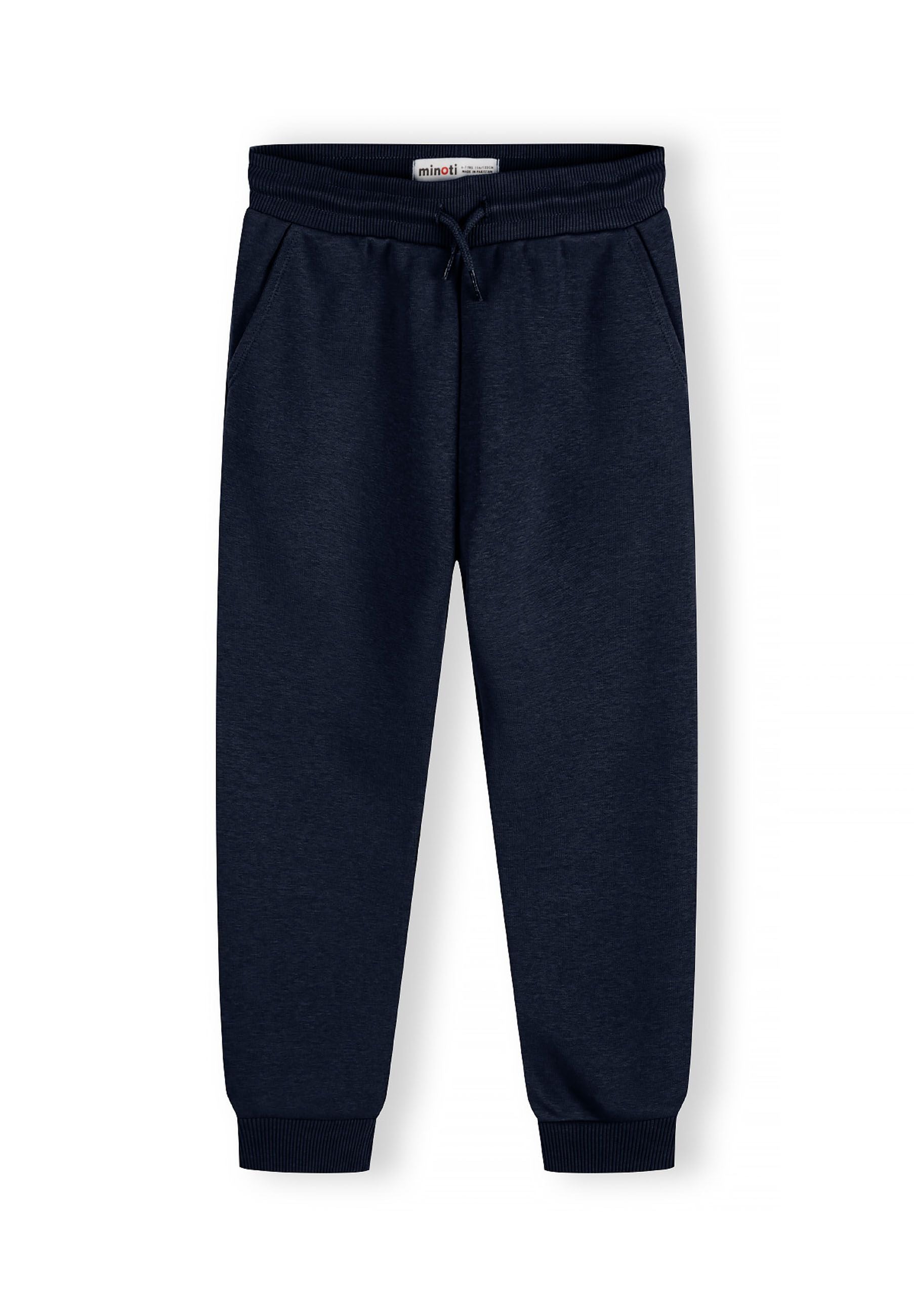 Boys joggers in navy with ribbed cuffs and adjustable drawcord, front view.